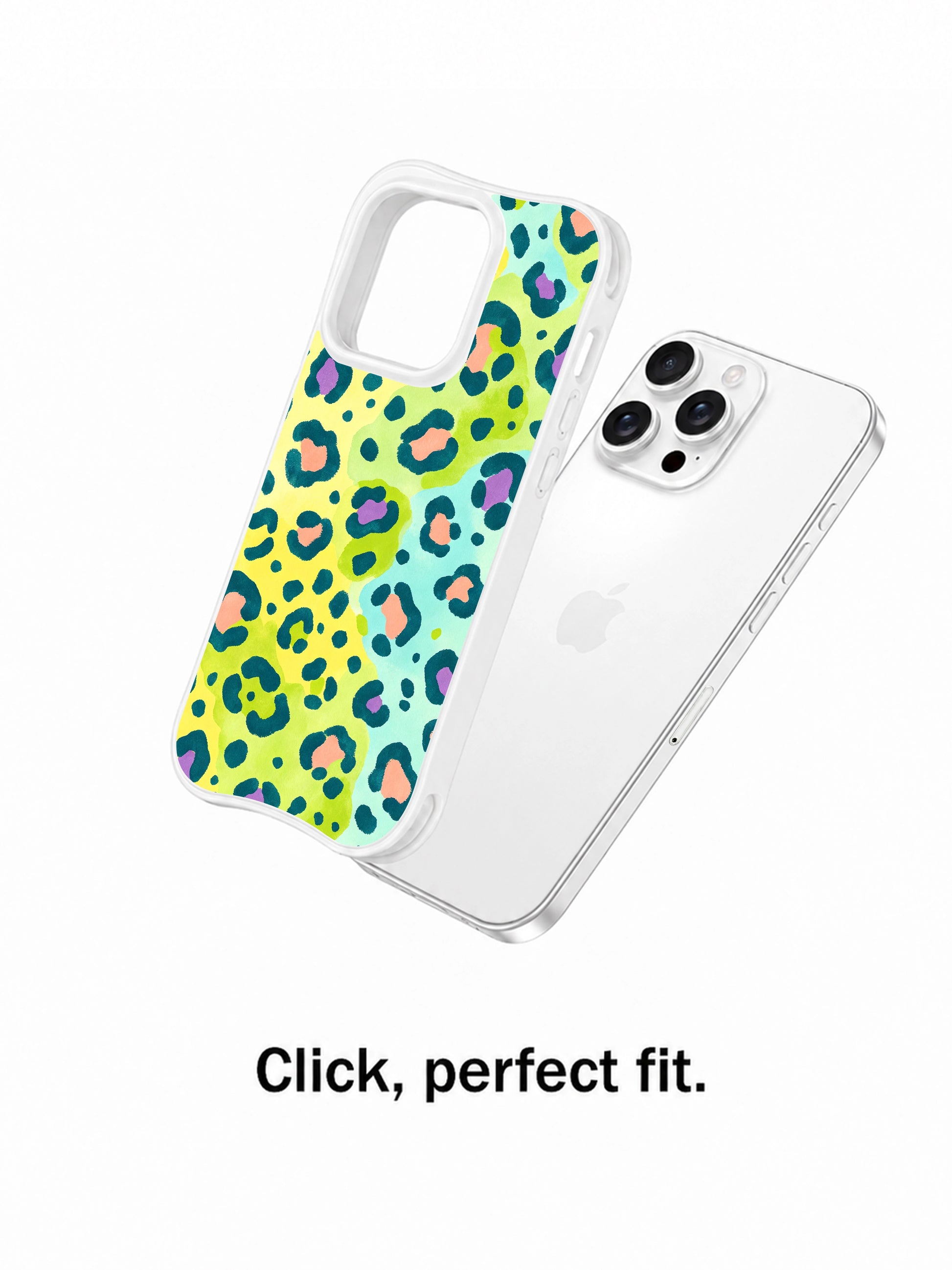 PhoneCasing iPhone 14 Pro Case full front neutral studio shot of lemon soda pastel leopard seamless print. Soft lime, mint blue & peach gradient leopard rosettes, slim white curved protective frame, light airy summer wearable art iPhone 14 Pro casing.