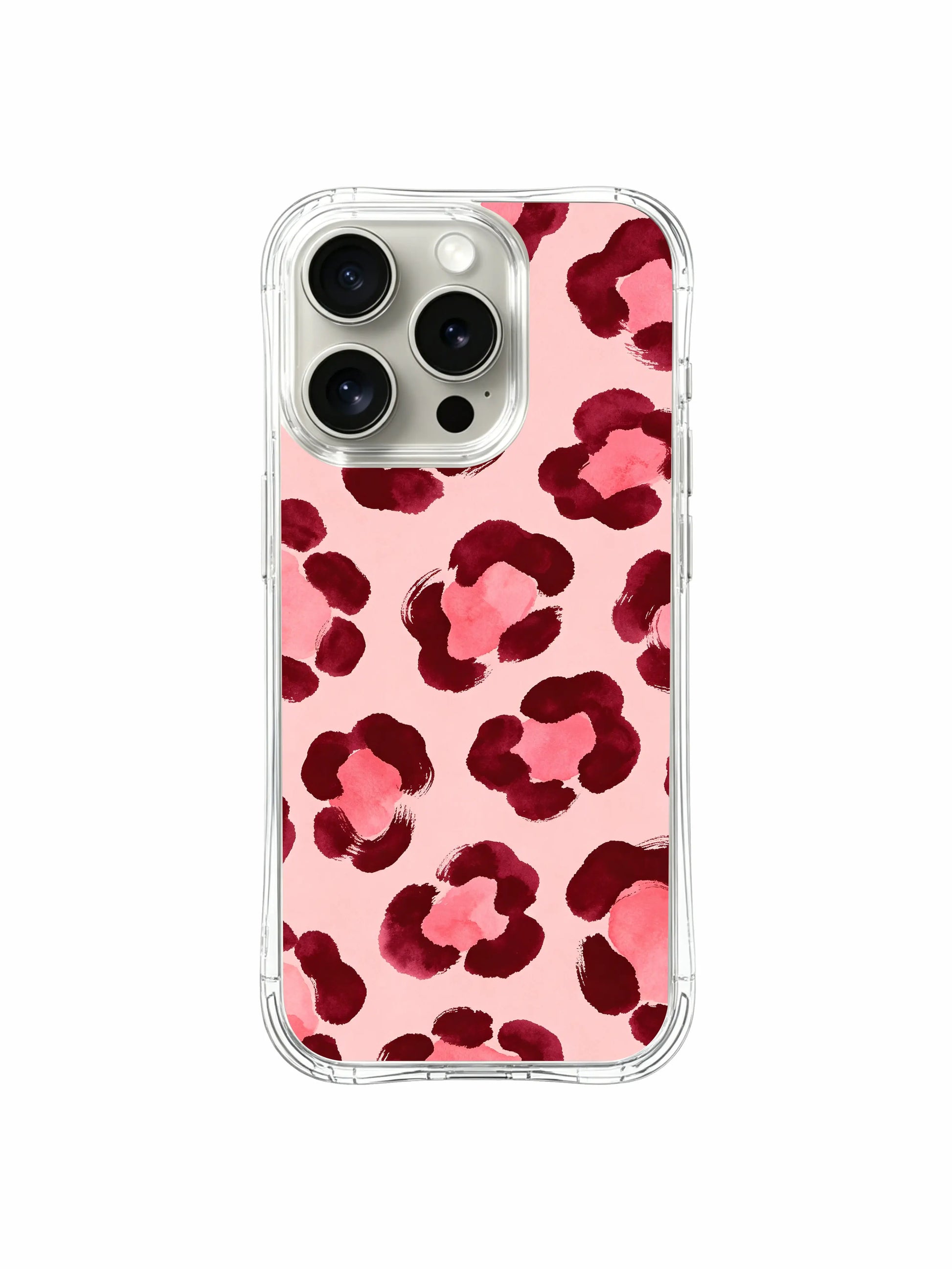 PhoneCasing iPhone 14 Pro Case side ergonomic profile view showcasing glossy clear wavy shockproof edge. Layered burgundy rose watercolor leopard print, precise triple camera and button cutouts, slim anti-smudge daily use iPhone 14 Pro casing.