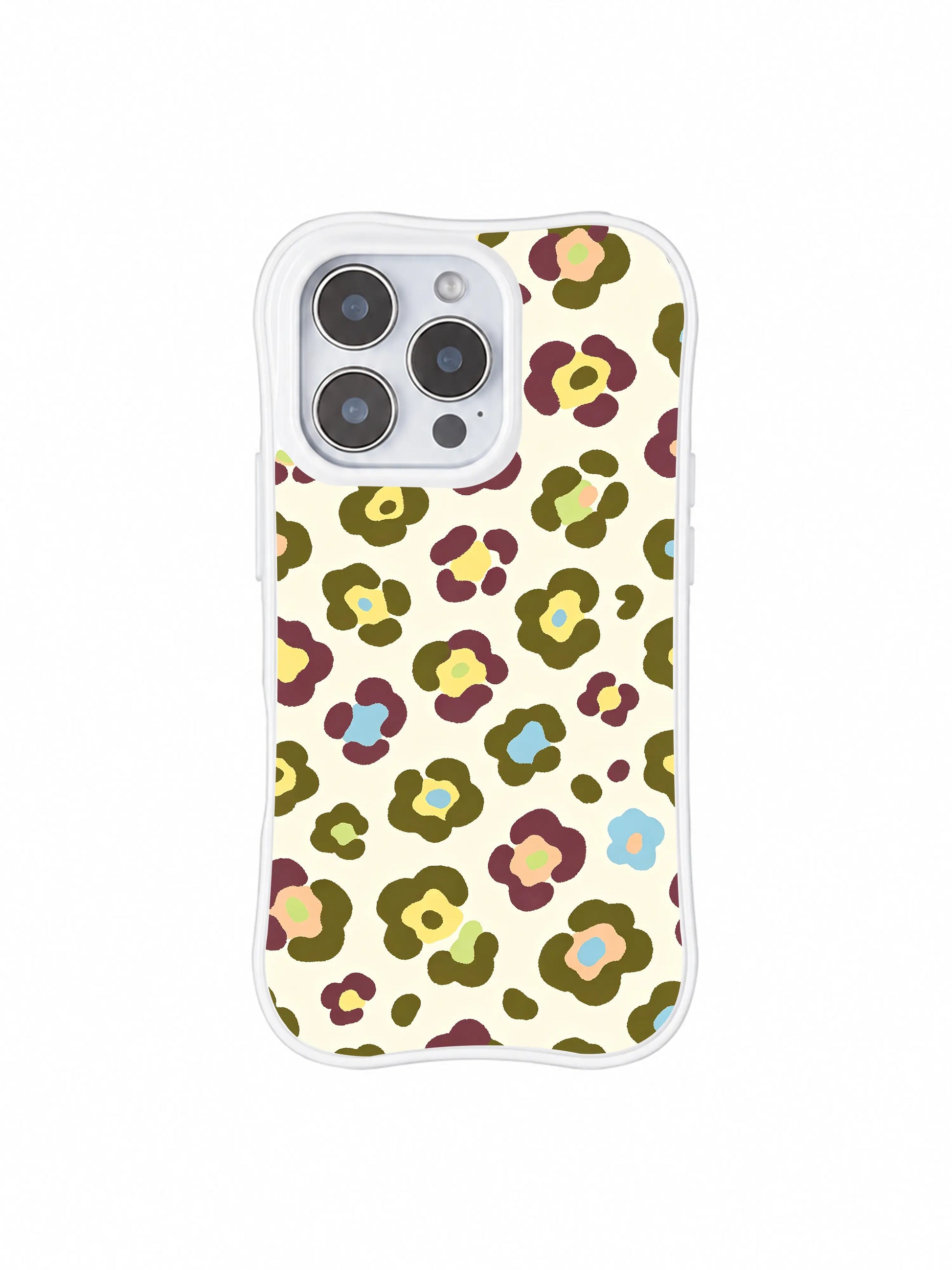 PhoneCasing iPhone 14 Pro Case designer series Morning Bloom Leopard soft floral animal print. Textured pale cream watercolor wash backdrop, hand-painted muted olive and peach flower centers, gentle brushstroke black outlines, slim white wavy protective bumper.