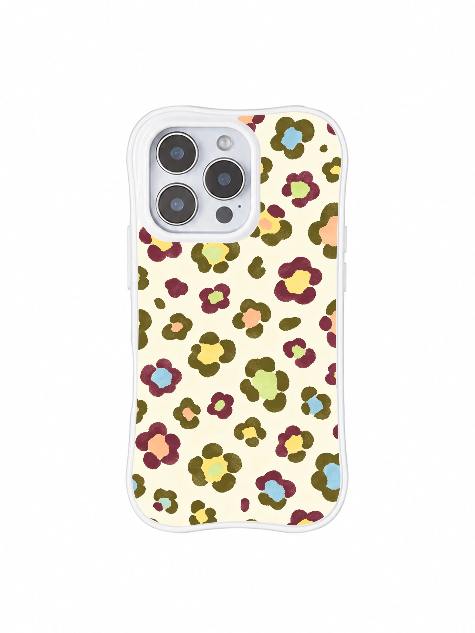 PhoneCasing iPhone 14 Pro Case Morning Bloom Leopard with built-in MagSafe magnetic ring. Gentle retro flower leopard print, four-corner reinforced white wavy bumper, handmade in California for warm nature-inspired cottagecore lovers.