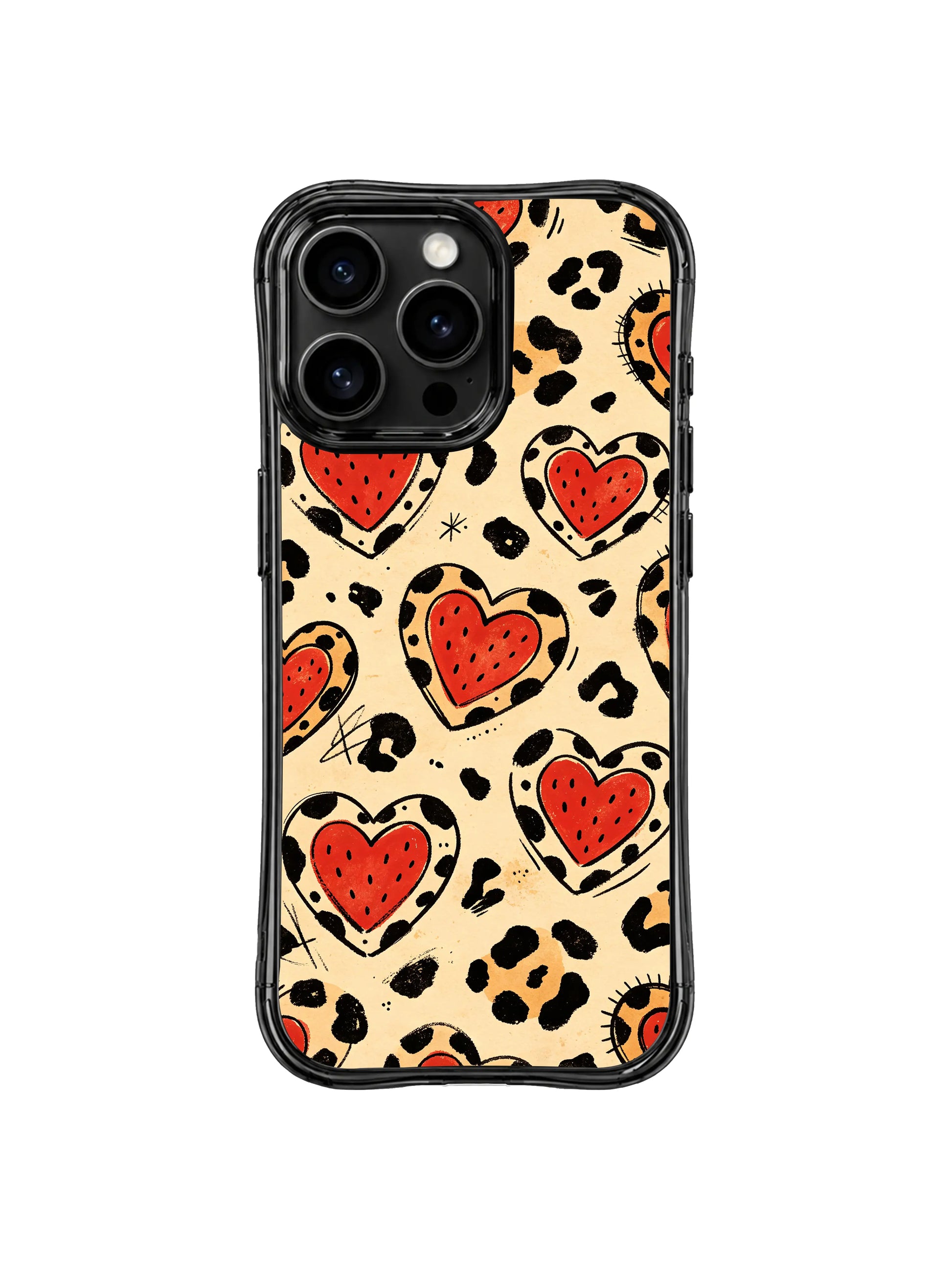 PhoneCasing iPhone 14 Pro Case minimalist cream background solo mockup, Sugar Ranch playful western feminine doodle graphic. Rough hand drawn heart leopard rosettes, compact slim pocket-friendly daily carry iPhone 14 Pro casing.