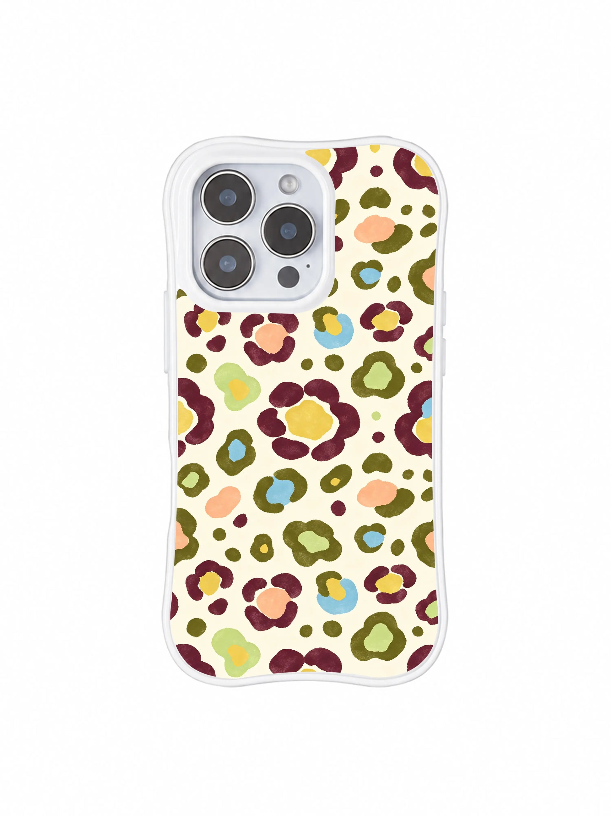PhoneCasing iPhone 14 Pro Case flat studio shot of soft morning garden toned flower leopard pattern. Pale creamy notebook background, hand-sketched multicolor floral spots, wearable art phone cover for laid-back nature lovers.