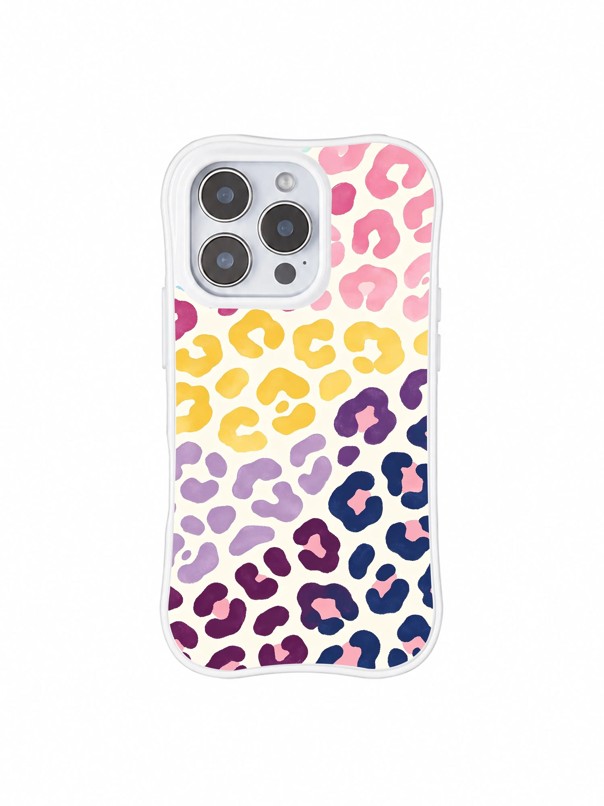 PhoneCasing iPhone 14 Pro Case clean white studio flat lay of Moon Berry Heart Leopard print. Pale creamy neutral backdrop, soft heart-shaped leopard rosettes in berry, lemon, lilac and sky hues, minimalist statement iPhone 14 Pro casing for daily wear.