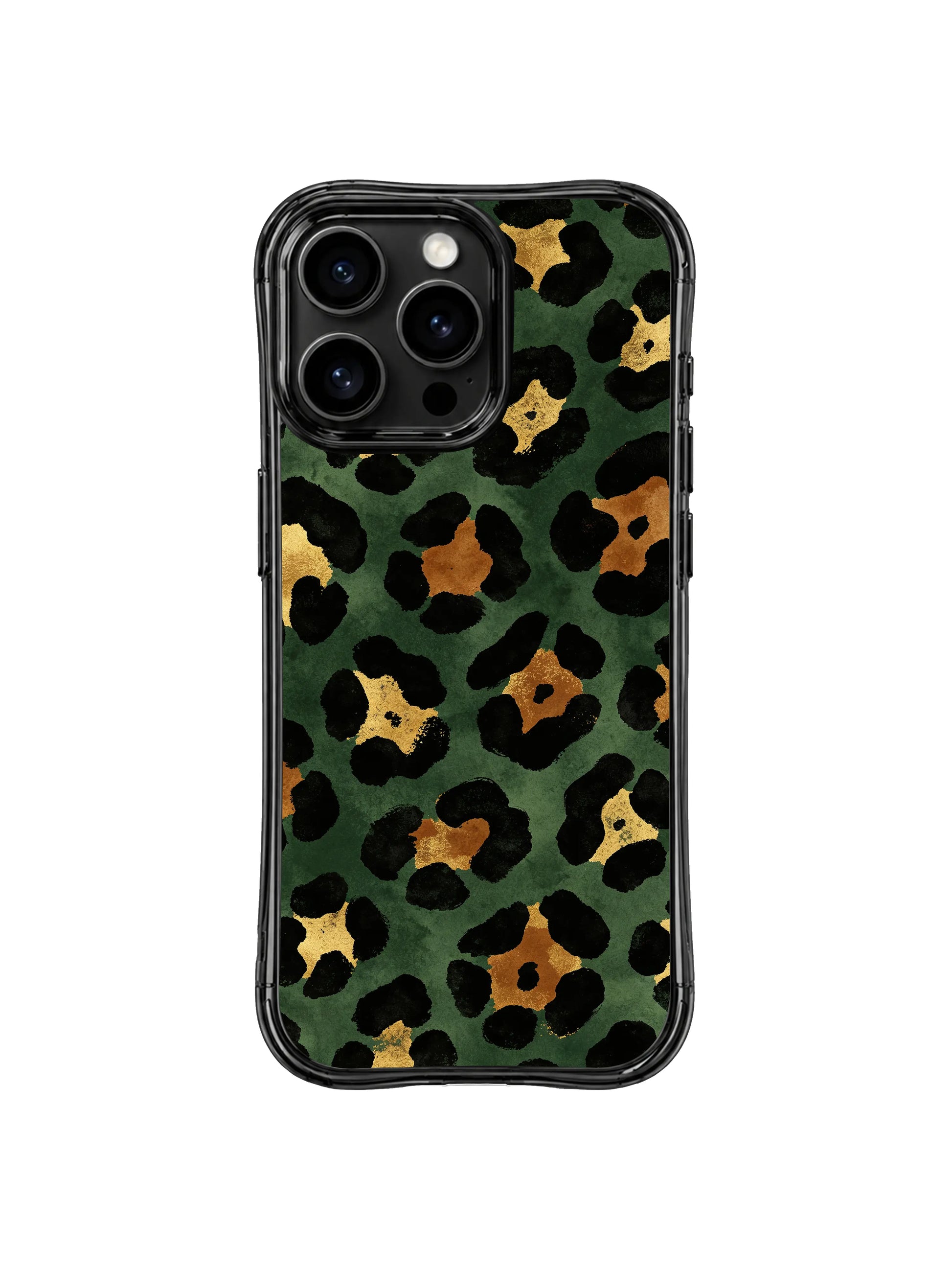 PhoneCasing iPhone 14 Pro Case designer series Midnight Academia Leopard dark scholarly animal print. Textured aged forest green wash backdrop, hand-painted muted bronze gold leopard centers, rugged brushstroke black spots, slim wavy black protective bumper.