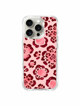 PhoneCasing iPhone 14 Pro Case dense full layout burgundy rose leopard detail mockup, layered blush and wine floral spots evenly distributed on pale pink base. Elegant romantic graphic, scratch-resistant wavy bumper iPhone 14 Pro protective casing.