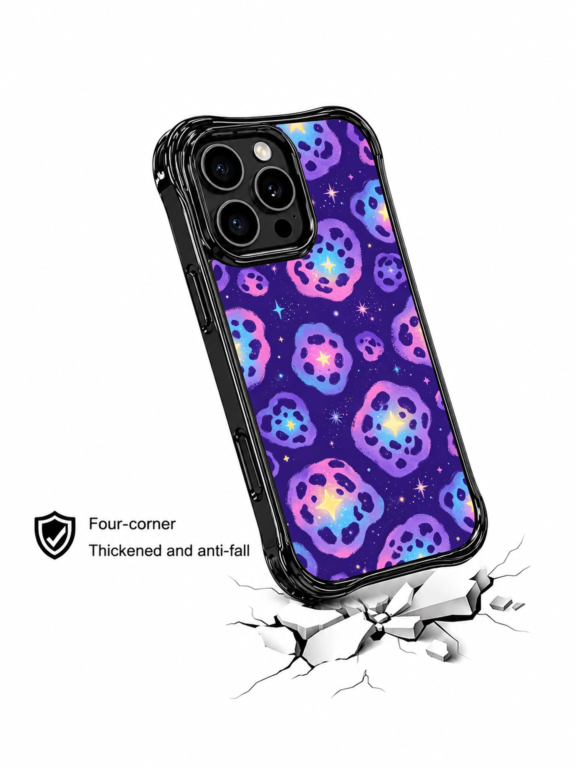 PhoneCasing iPhone 14 Pro Case dense full layout galaxy leopard detail mockup, packed glowing star leopard rosettes with multi-size twinkle star accents across dark violet cosmic base. Mystical futuristic celestial graphic, scratch-resistant wavy bumper iPhone 14 Pro protective casing.