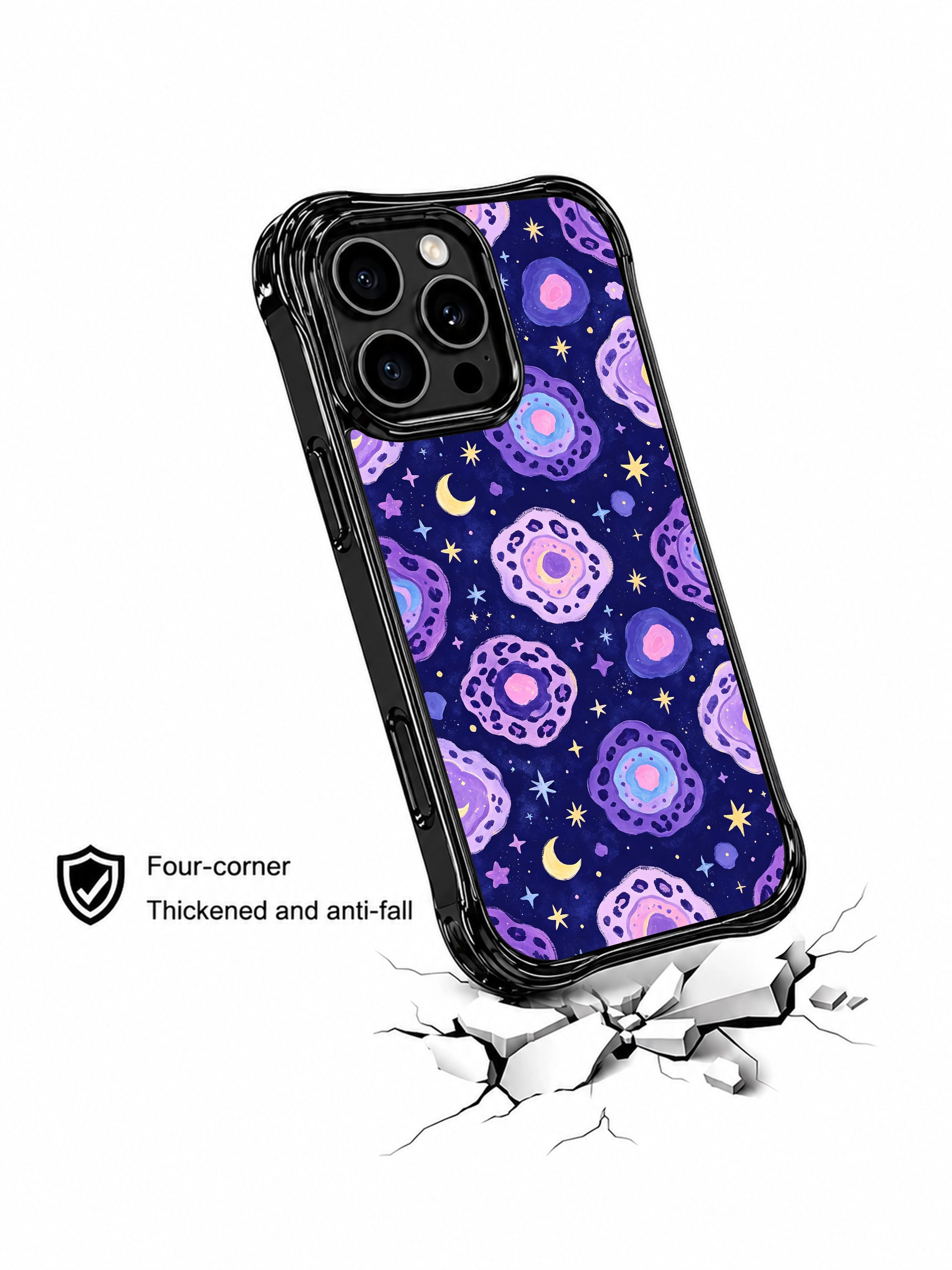 Mystical galaxy-style PhoneCasing iPhone 14 Pro Case with full MagSafe magnetic compatibility. Moon star layered pastel leopard print on rich midnight purple base, four-corner reinforced wavy black shockproof frame, handmade in California for imaginative dreamer women.