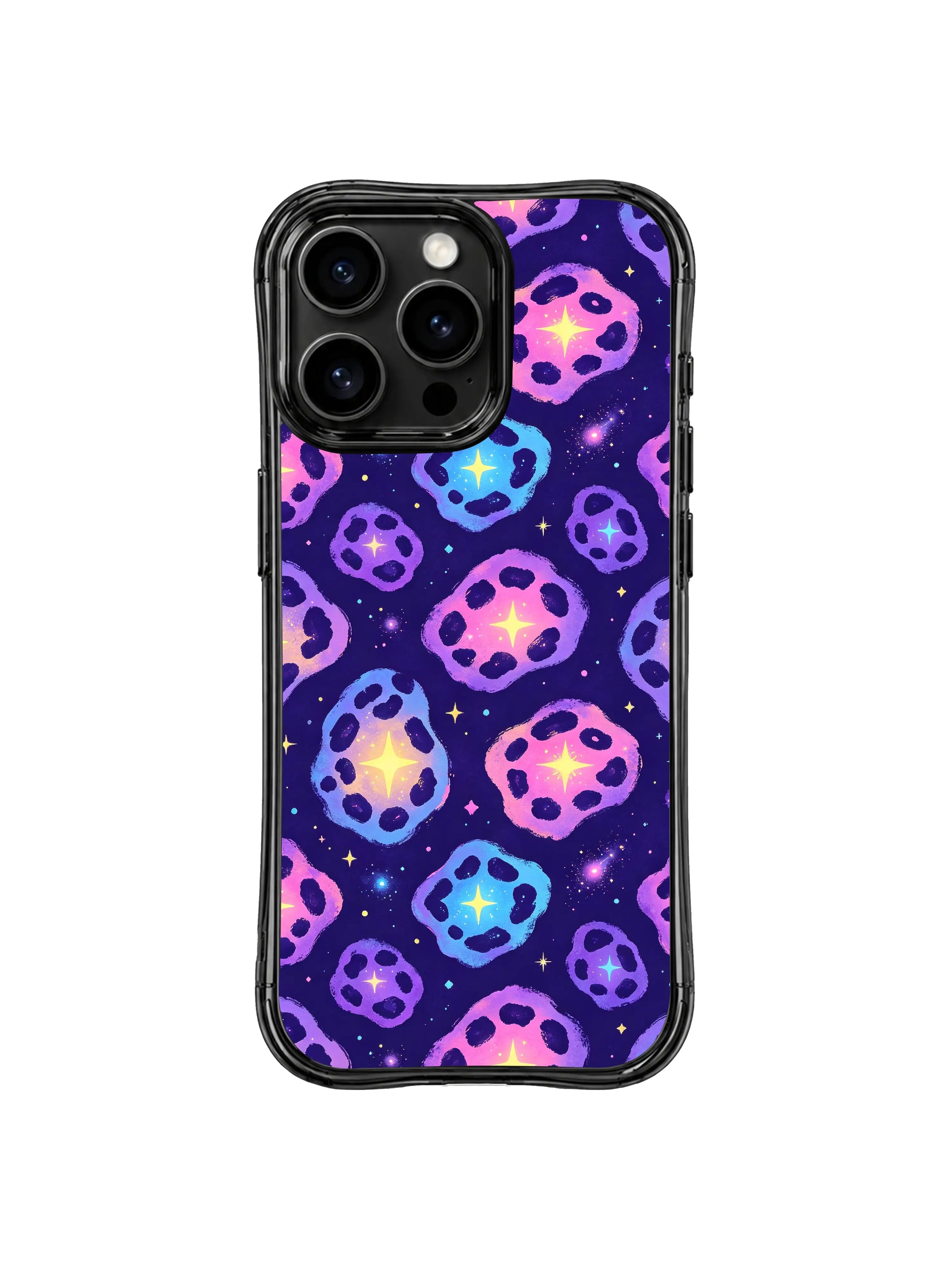 PhoneCasing iPhone 14 Pro Case four-corner anti-drop durability demo shot with Galaxy Leopard celestial graphic. Reinforced curved wavy black bumper, stain and oil repellent smooth surface, long-lasting vivid cosmic print shockproof iPhone 14 Pro casing.