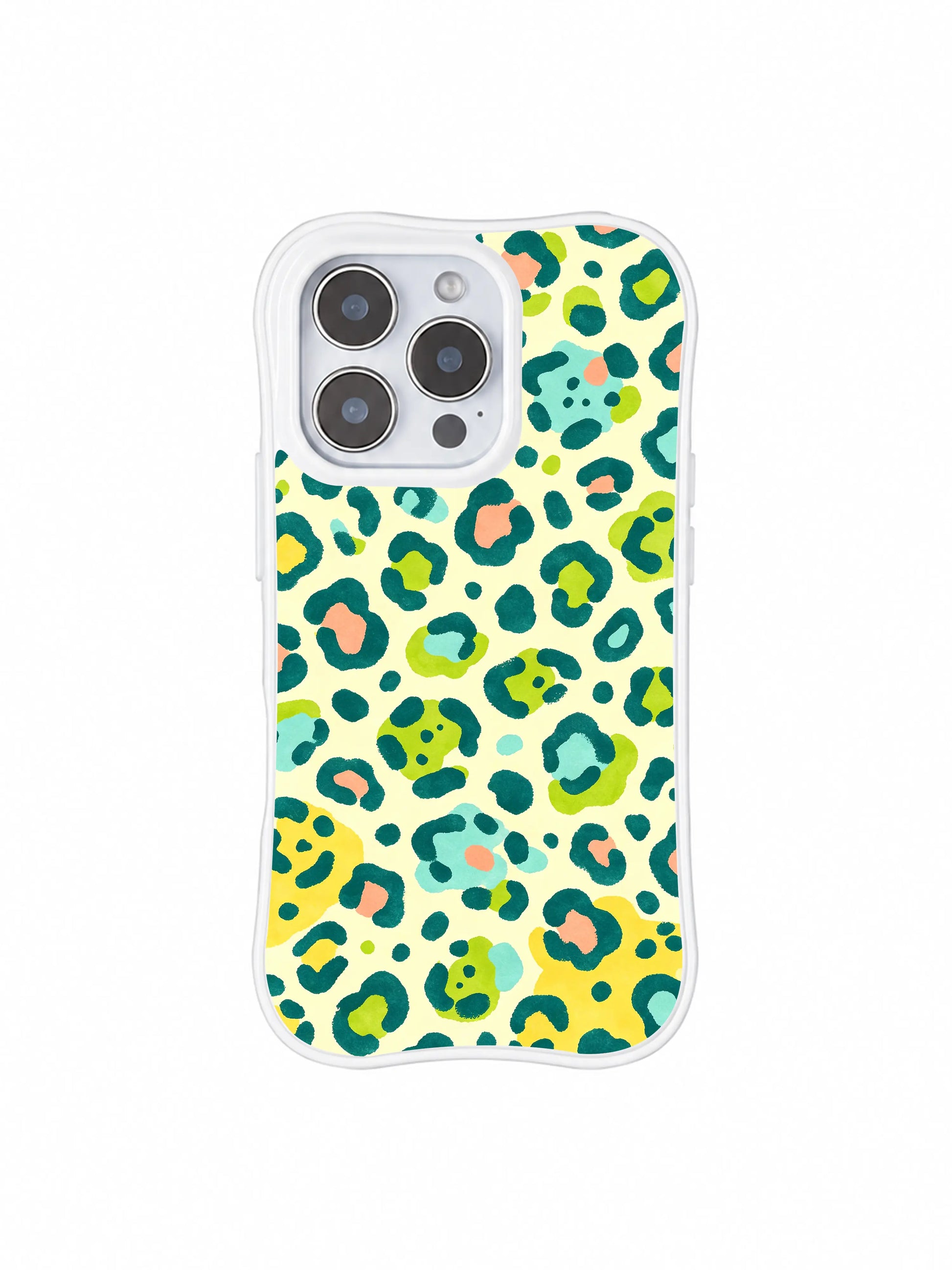 PhoneCasing iPhone 14 Pro Case four-corner anti-drop durability demo shot with Lemon Soda Leopard summer citrus graphic. Reinforced curved wavy white bumper, stain and oil repellent smooth surface, long-lasting bright pastel print shockproof iPhone 14 Pro casing.