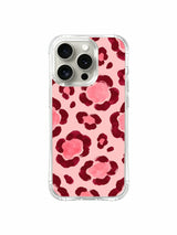 PhoneCasing iPhone 14 Pro Case four-corner anti-drop durability demo shot with Burgundy Rose Leopard romantic floral graphic. Reinforced curved wavy clear bumper, stain and oil repellent smooth surface, long-lasting blush & burgundy print shockproof iPhone 14 Pro casing.