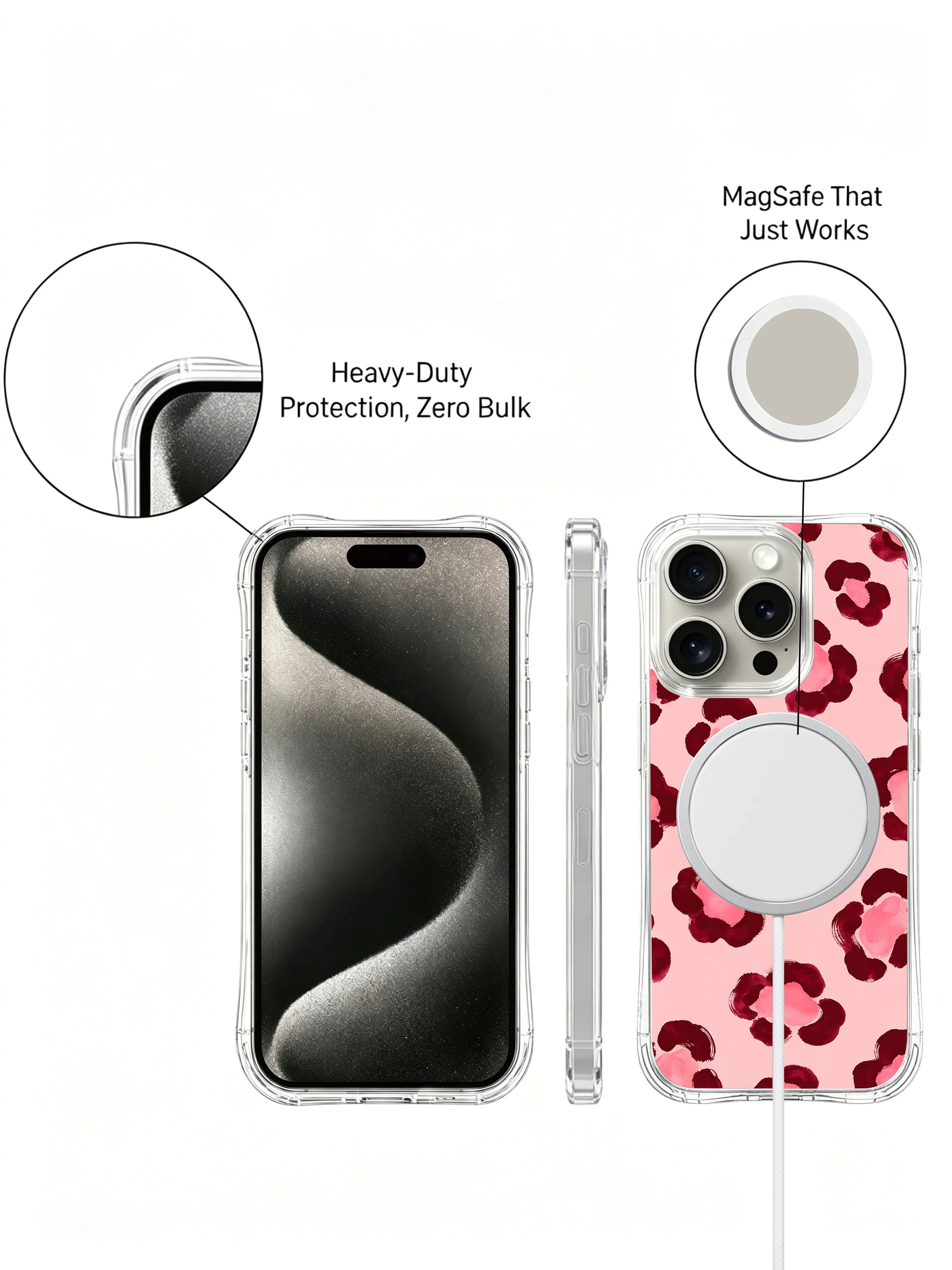 PhoneCasing iPhone 14 Pro Case side-by-side dual pattern mockup featuring dense full floral leopard layout and sparse minimal Burgundy Rose Leopard variant. Coordinating pale blush romantic tonal evening designs collectible iPhone 14 Pro casing set.