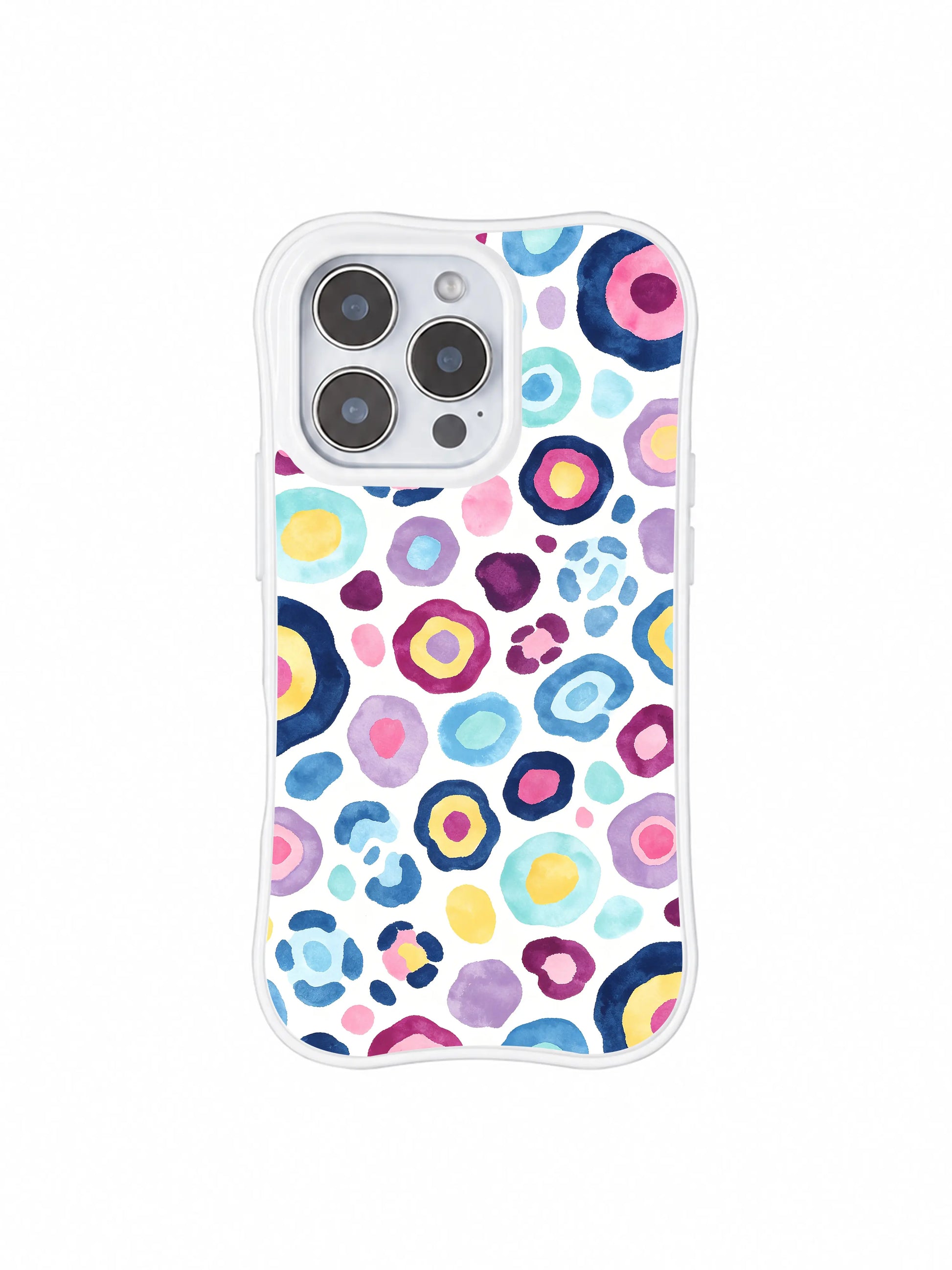PhoneCasing iPhone 14 Pro Case side-by-side dual pattern mockup featuring Moon Berry Heart Leopard and matching spiral rose watercolor art. Coordinating multicolor berry gradient designs collectible iPhone 14 Pro casing set.
