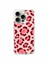 PhoneCasing iPhone 14 Pro Case evening outdoor lifestyle handheld shot for Burgundy Rose Leopard casing. Soft layered floral leopard print matching midi dresses, dinner date and cocktail party streetwear, sophisticated romantic iPhone 14 Pro protective casing.