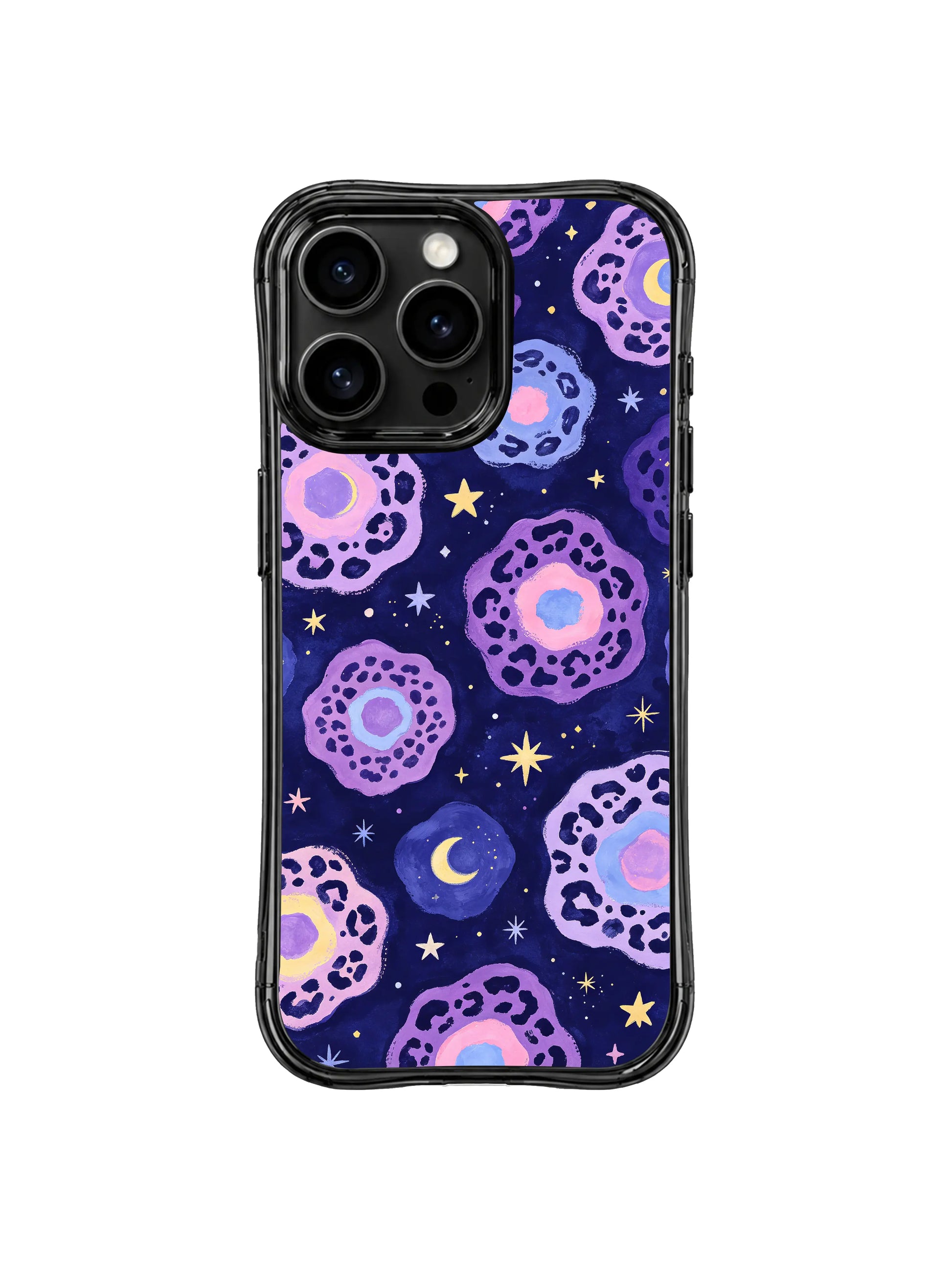 Whimsical fantasy watercolor leopard PhoneCasing iPhone 14 Pro Case exclusive from Roxy Wildhart’s Wild Heart Safari line. Seamless indigo night sky pattern layered with lavender-pink cosmic spots and scattered golden moons, smooth anti-microbial black wavy clear frame.