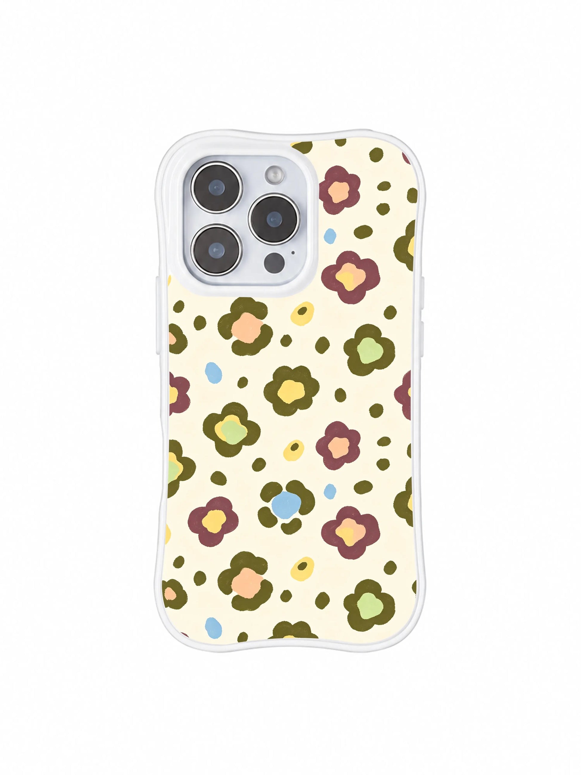 PhoneCasing iPhone 14 Pro Case featuring morning garden flower leopard seamless pattern. Pale cream background, olive green sky blue peach maroon painterly spots, slim white curved protective frame, casual spring feminine graphic.