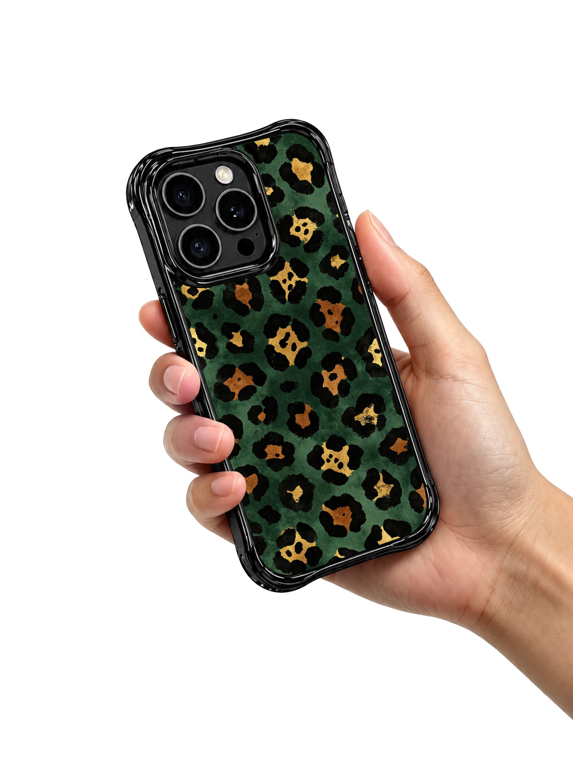 PhoneCasing iPhone 14 Pro Case flat studio shot of moody midnight forest-toned leopard pattern. Deep dark green aged notebook base, hand-sketched gold bronze leopard spots, sophisticated wearable art case for bookish style.