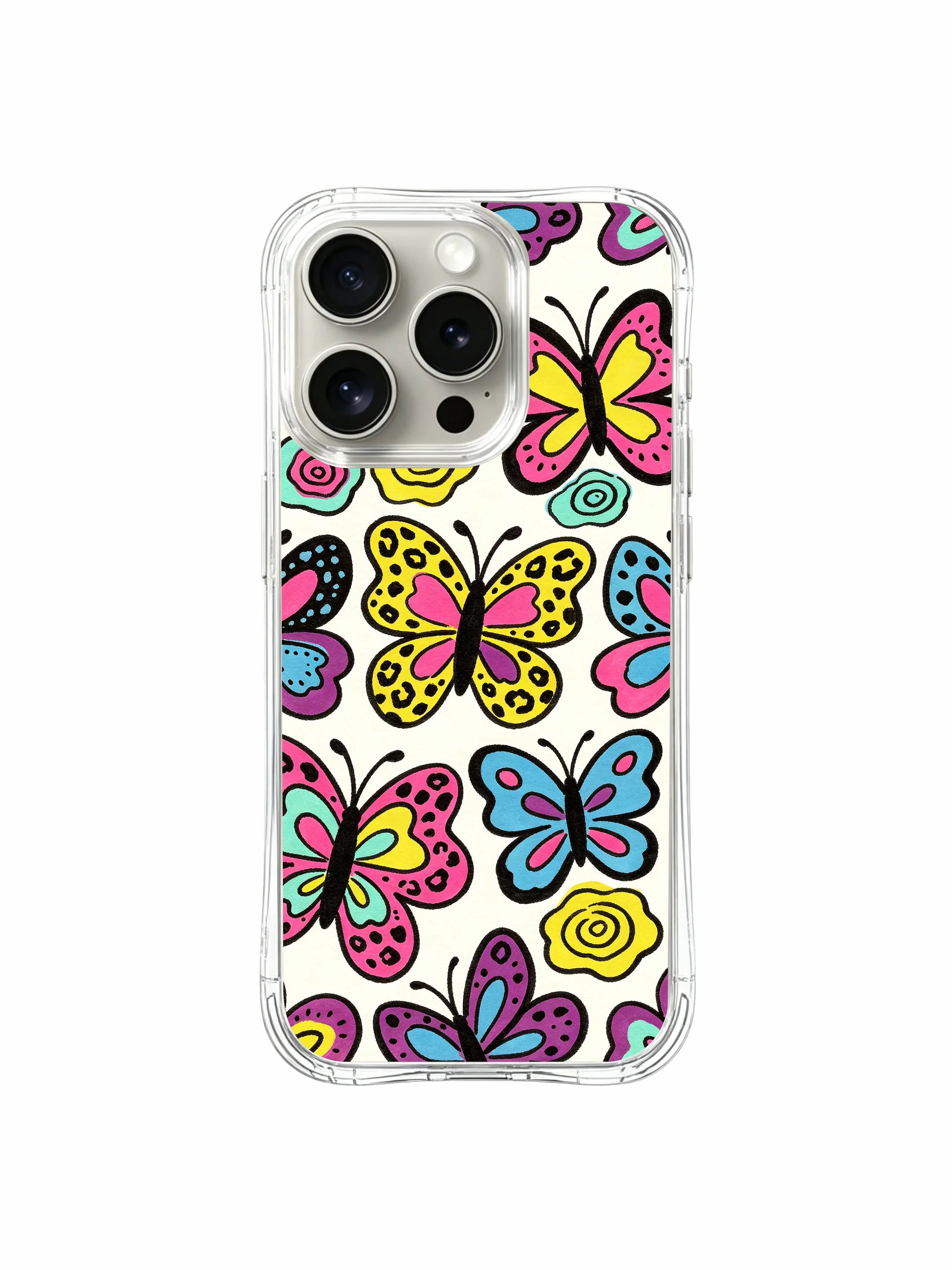 Drop protection showcase for PhoneCasing iPhone 14 Pro Case Butterfly Leopard Bloom design. Reinforced curved wavy clear shockproof corners, warm cream spring butterfly floral leopard watercolor pattern, durable anti-scratch build for all-day daily pocket carry.