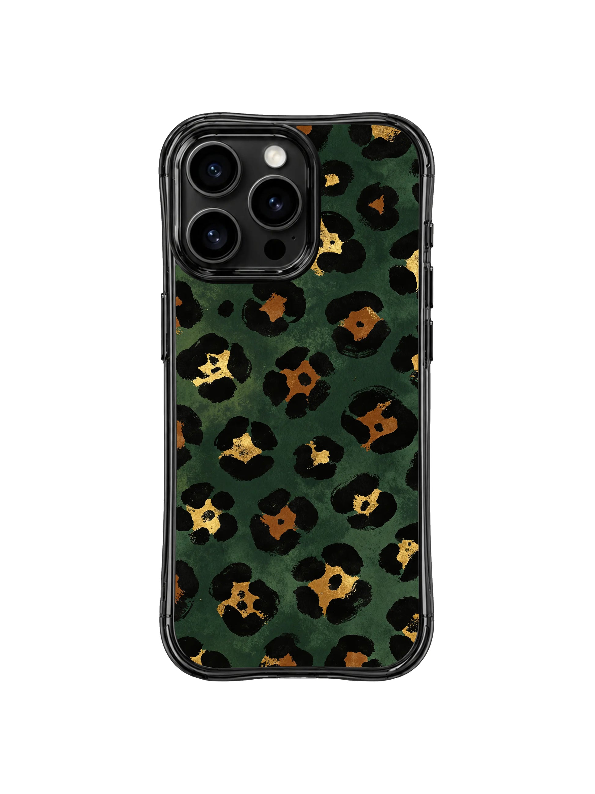 PhoneCasing iPhone 14 Pro Case anti-fall demo shot, Midnight Academia Leopard scholarly dark graphic. Reinforced thickened wavy black bumper corners, aged notebook-texture dark green leopard pattern, durable scratch-proof construction.