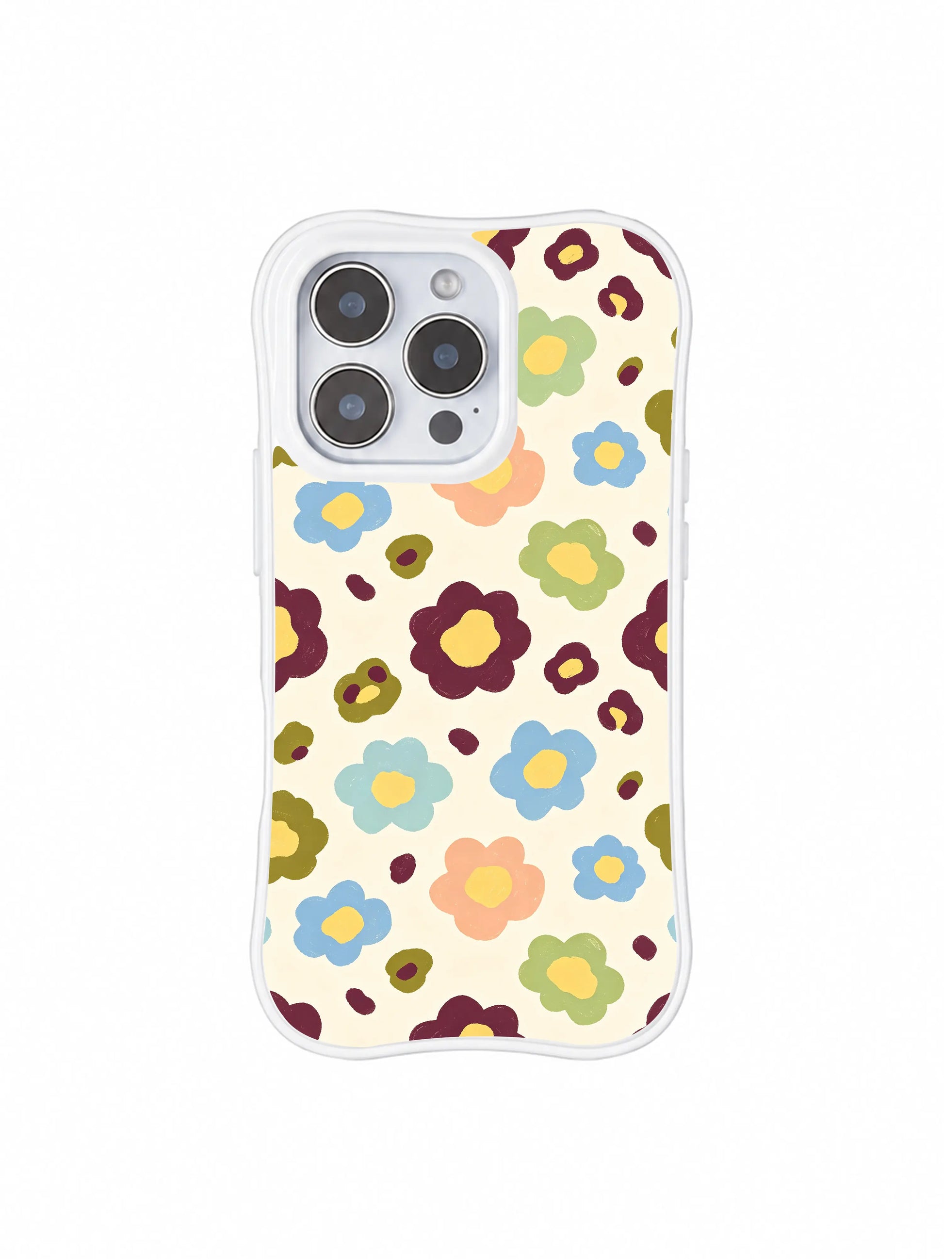 PhoneCasing iPhone 14 Pro Case anti-fall demo shot, Morning Bloom Leopard warm cottagecore floral graphic. Thickened curved white wavy bumper corners, cream watercolor flower leopard texture, durable scratch-resistant construction.