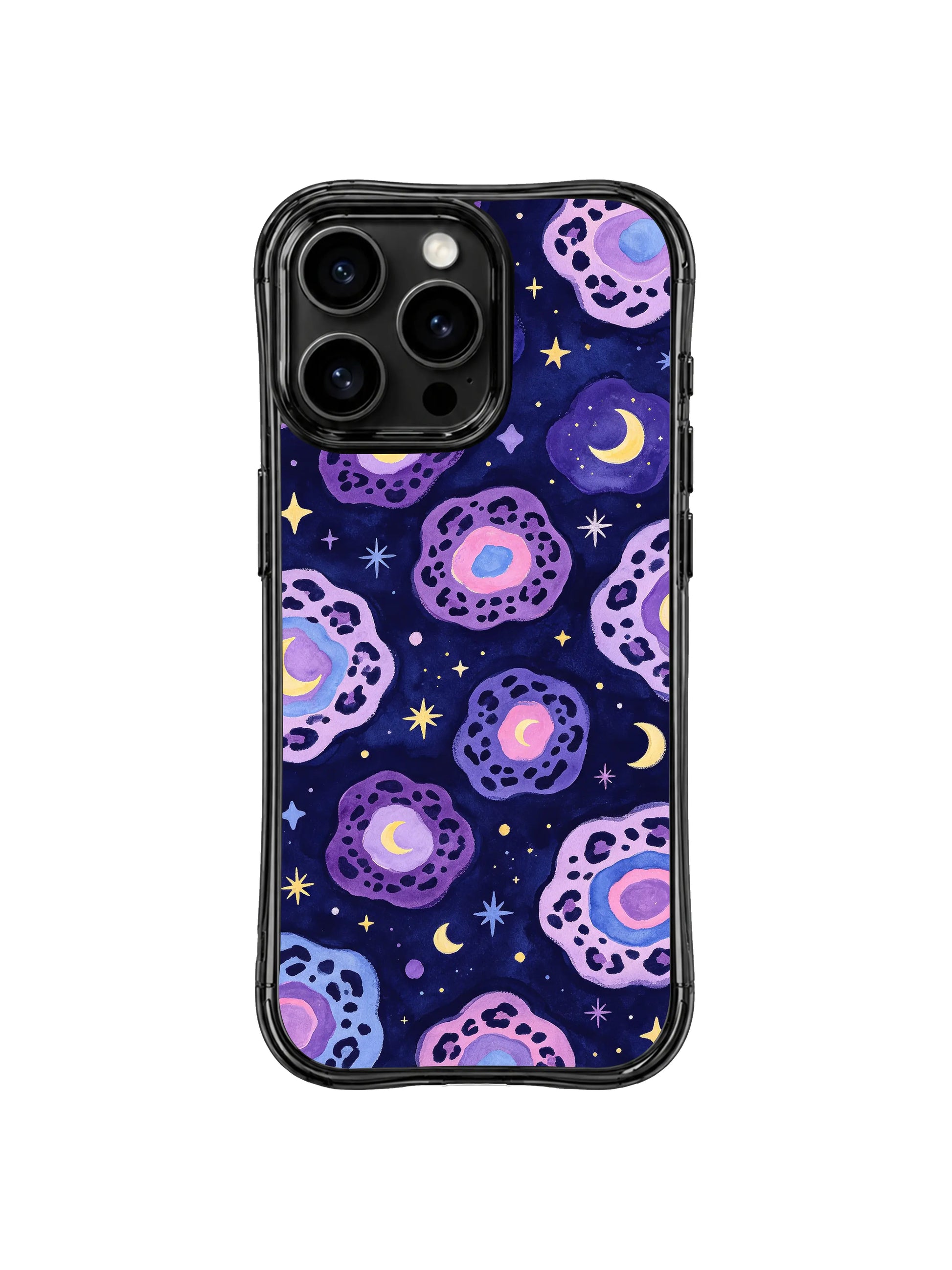 Drop protection showcase for PhoneCasing iPhone 14 Pro Case Moon Leopard Whisper design. Reinforced curved wavy black shockproof corners, deep indigo celestial moon star watercolor leopard pattern, durable anti-scratch construction for all-day daily pocket carry.