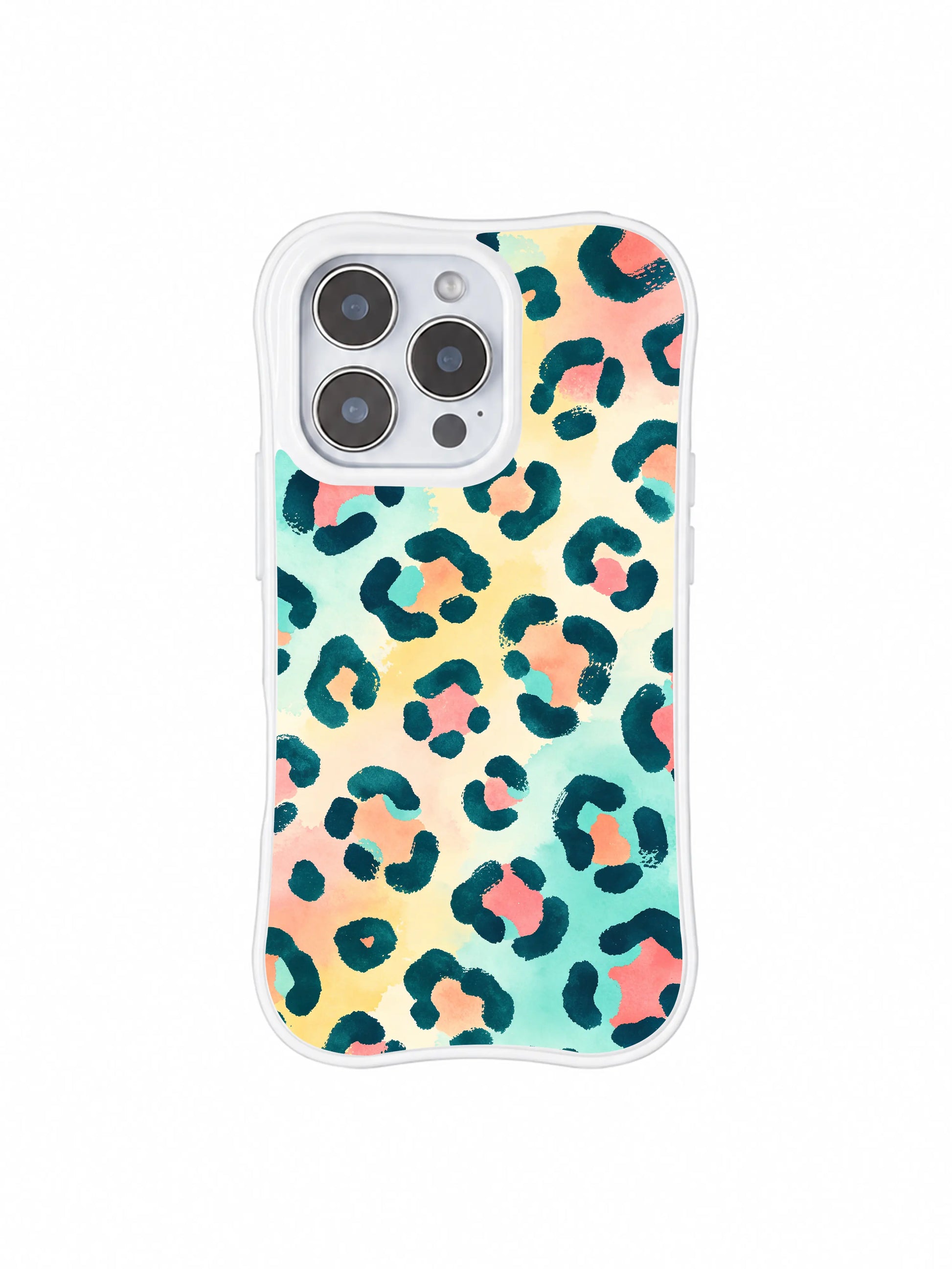 Drop protection showcase for PhoneCasing iPhone 14 Pro Case Salt Shore Leopard design. Reinforced curved wavy shockproof corners, beach gradient watercolor leopard pattern, durable anti-scratch construction for daily carry.