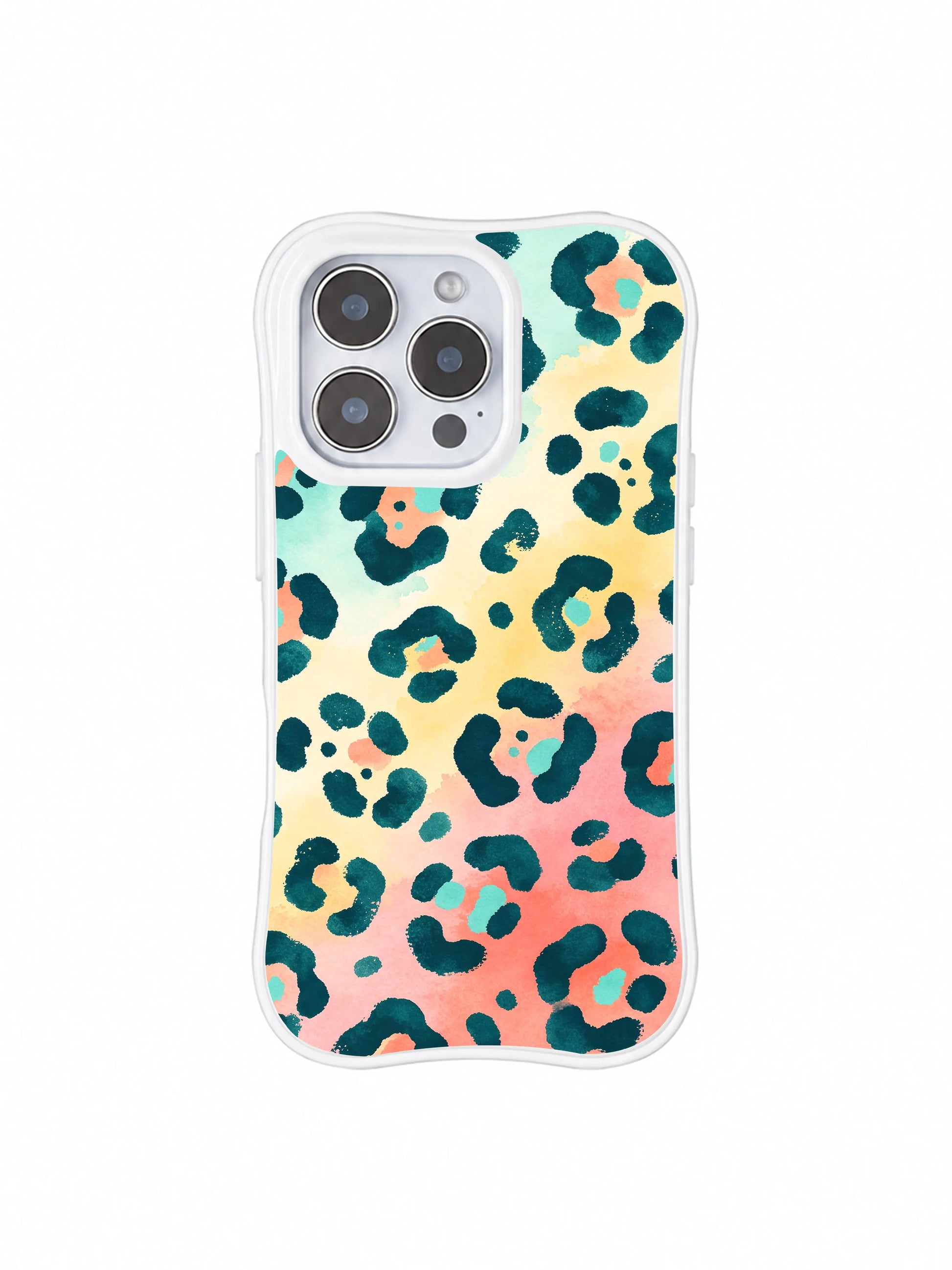 Full seamless repeat overview of Salt Shore Leopard PhoneCasing iPhone 14 Pro Case. Continuous blended mint, yellow and coral watercolor gradient with organic teal leopard spots, long-lasting non-fade print across entire clear back.