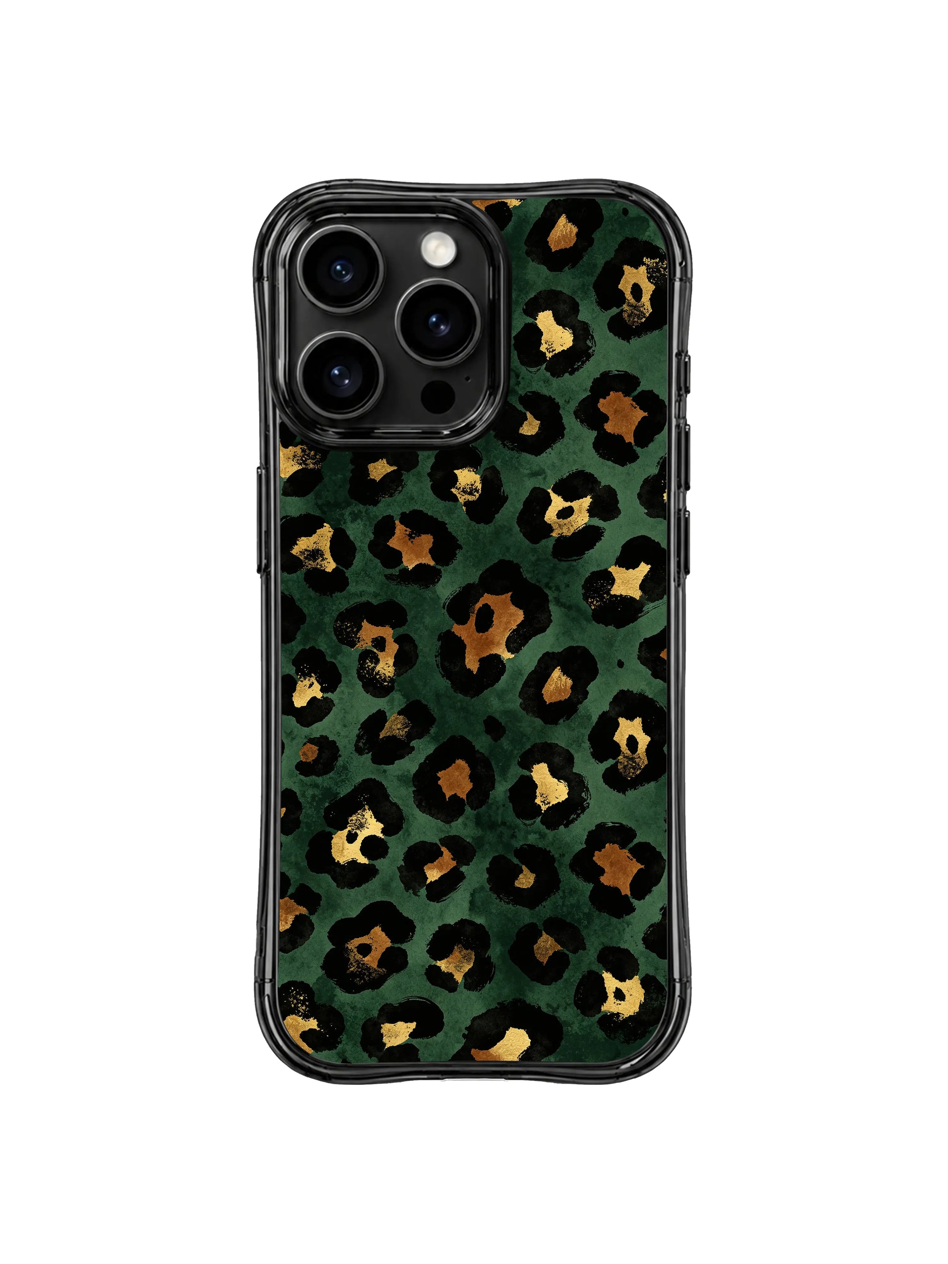 PhoneCasing iPhone 14 Pro Case full seamless pattern overview of Midnight Academia Leopard art. Continuous deep forest midnight green base, repeating brushstroke black leopard rosettes and shimmering bronze gold cores, long-lasting non-fade print.