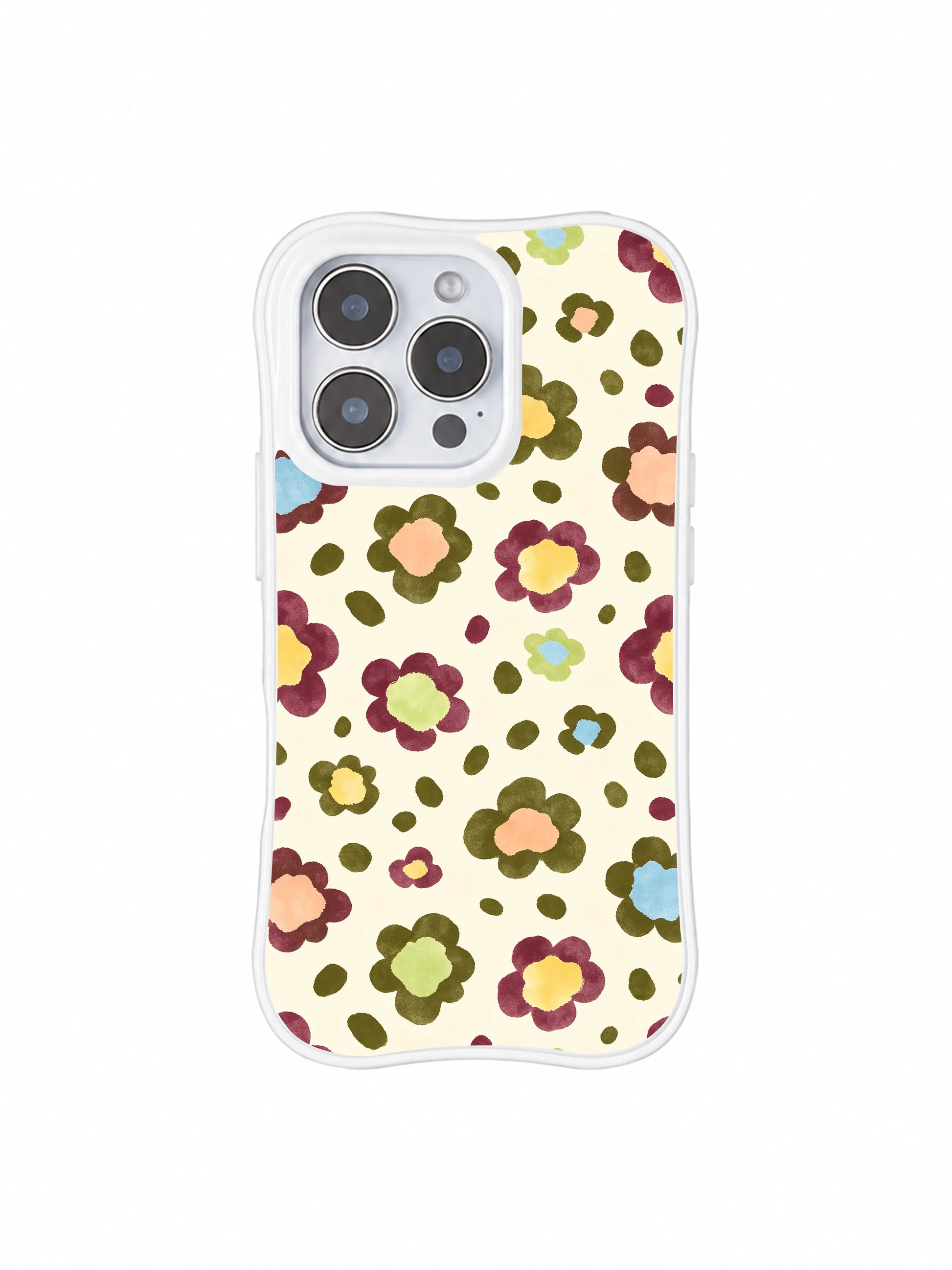 PhoneCasing iPhone 14 Pro Case full seamless pattern overview of Morning Bloom Leopard art. Continuous pale cream base, repeating painterly olive, peach, sky blue, maroon flower leopard spots, long-lasting non-fade pigment print.