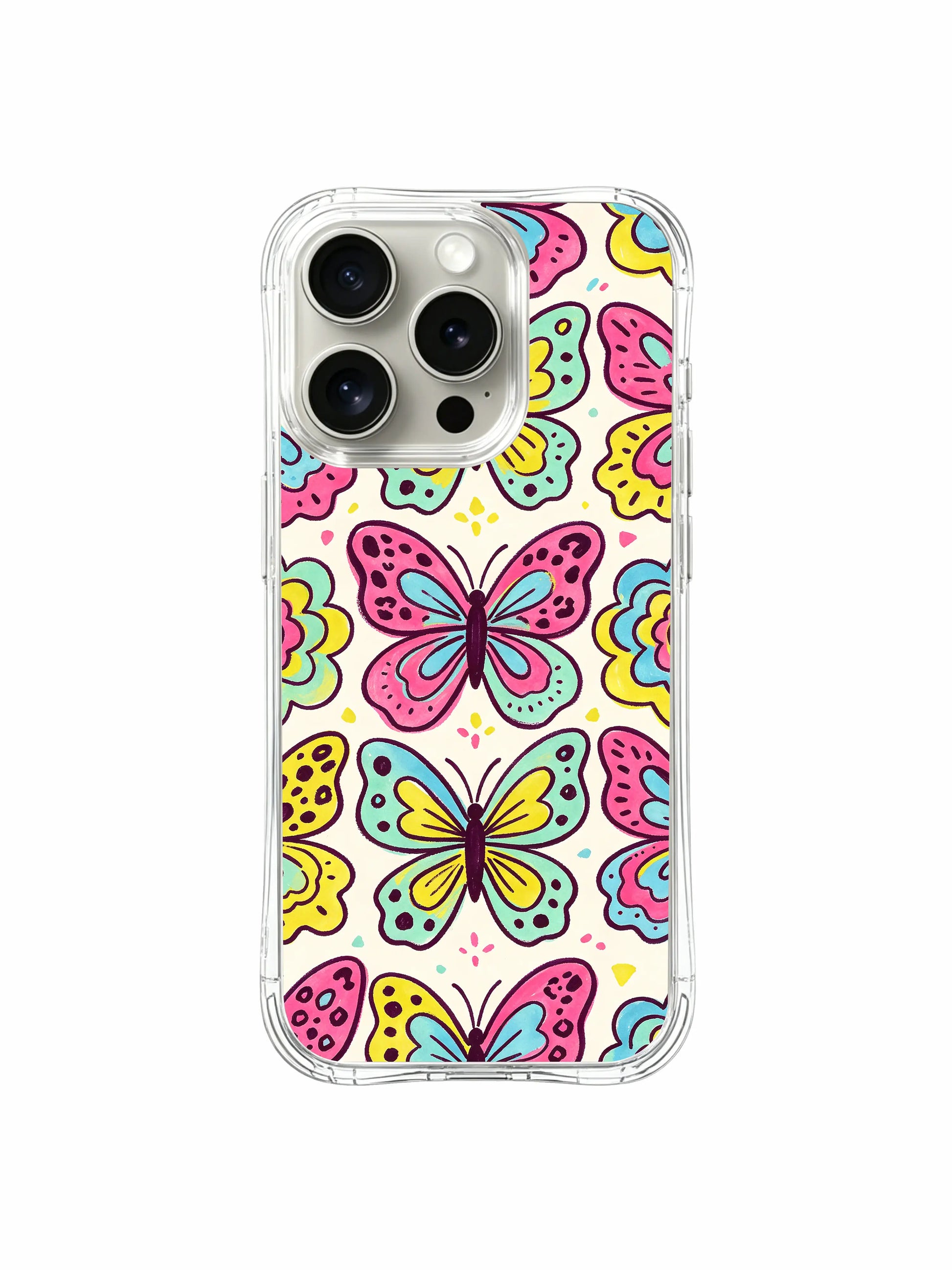 Full seamless repeat overview of Butterfly Leopard Bloom PhoneCasing iPhone 14 Pro Case. Continuous soft cream watercolor base blended with layered pastel butterfly spotted wings and miniature spiral spring flowers, long-lasting non-fade print across full transparent wavy back.