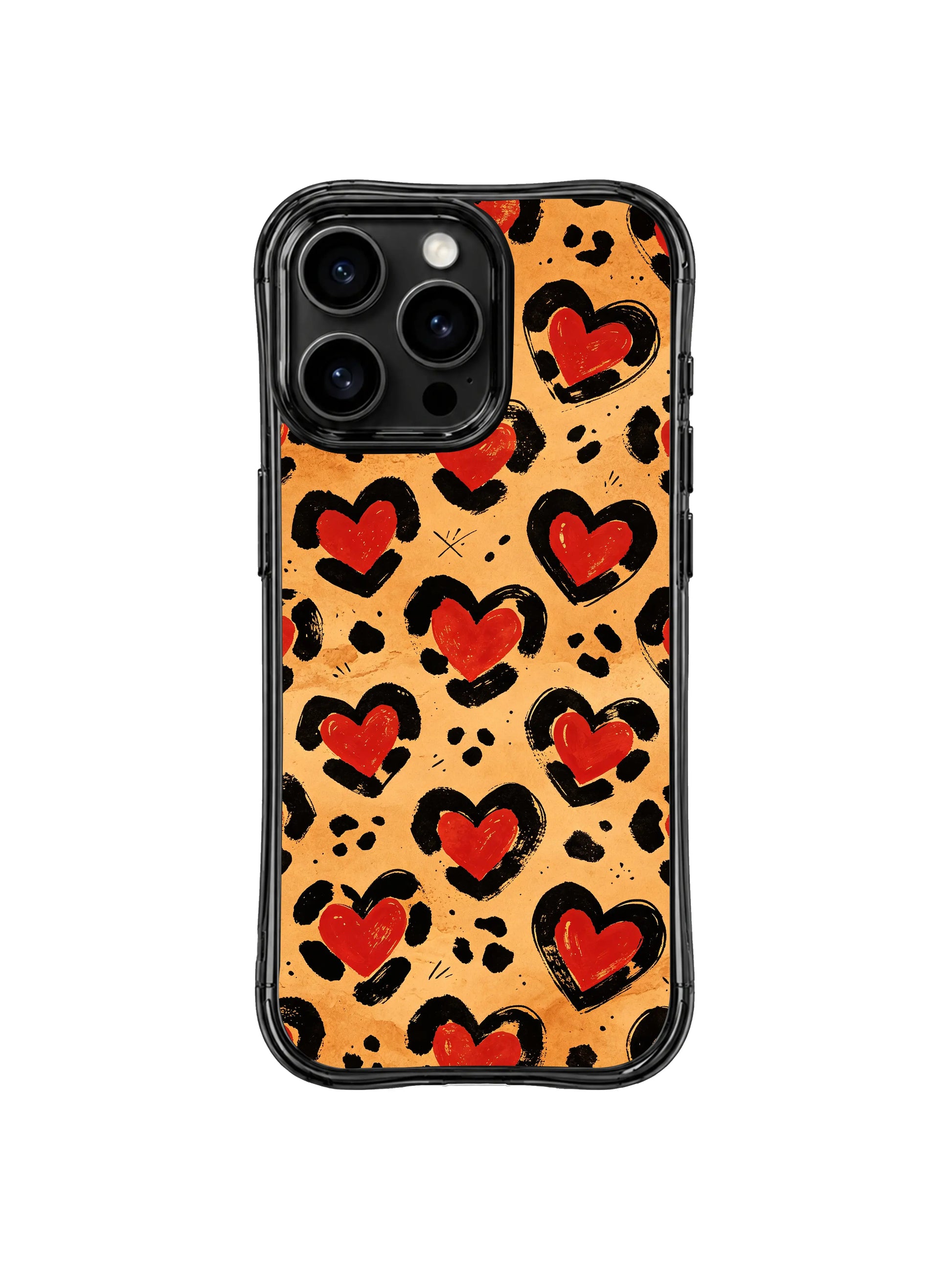 PhoneCasing iPhone 14 Pro Case full seamless pattern overview of Western Heart Leopard art. Continuous warm caramel desert base, repeating brushstroke black leopard spots and vintage red cowboy hearts, long-lasting non-fade print.
