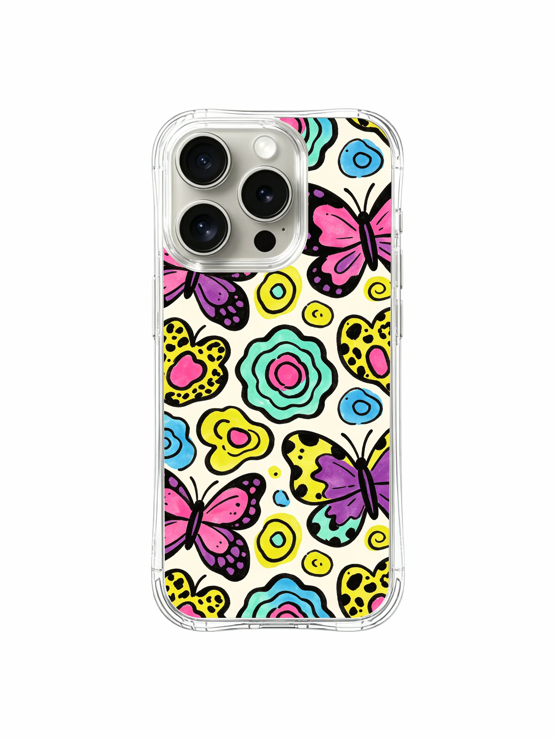 Joyful Butterfly Leopard Bloom PhoneCasing iPhone 14 Pro Case shot on plain white studio background. Loose hand-painted spring garden blend of butterfly spotted wings and abstract floral rosettes, limited wearable art for Y2K pastel street style.