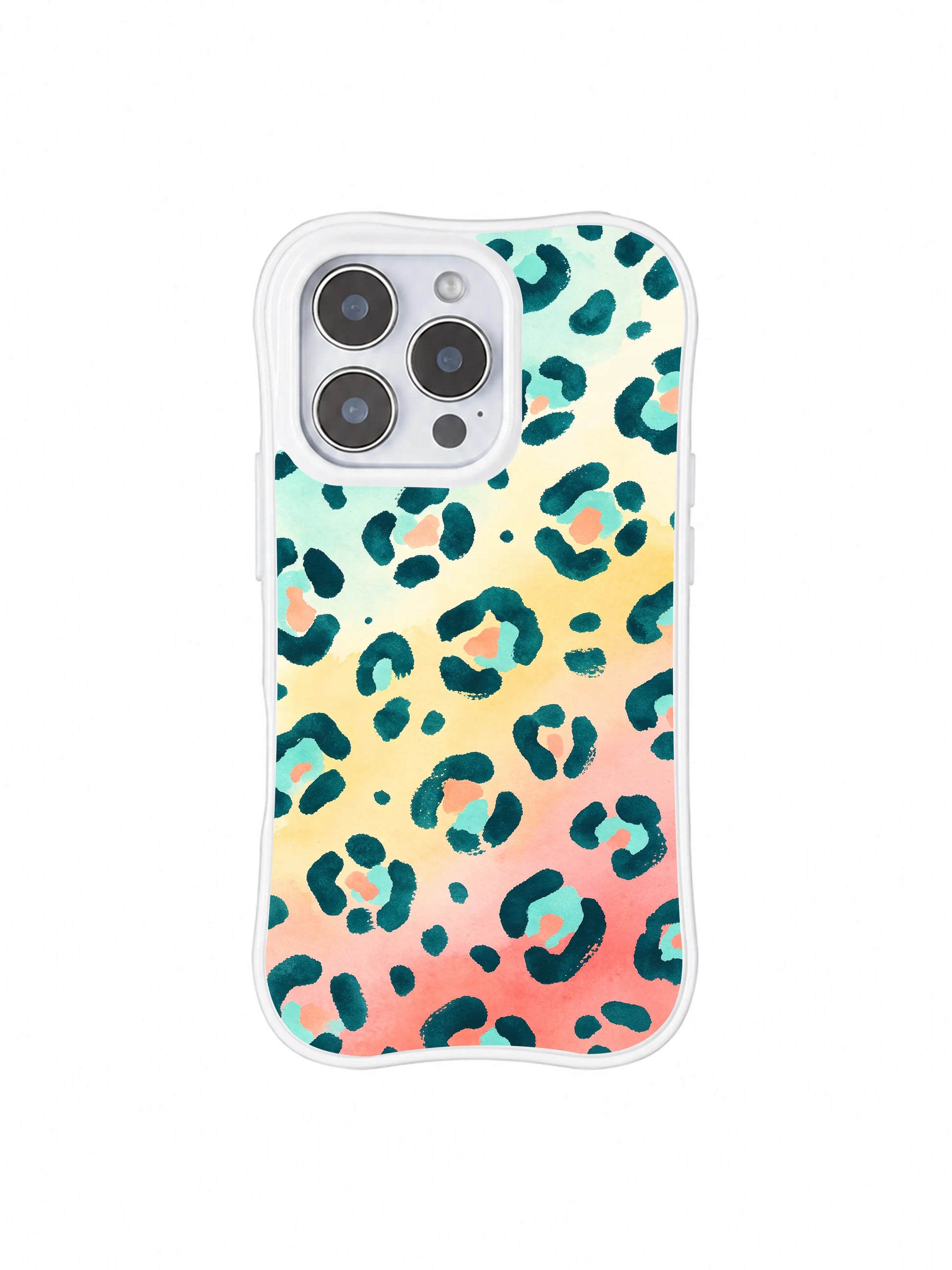 Macro close mockup detail of hand-brushstroke Salt Shore Leopard PhoneCasing iPhone 14 Pro Case. Natural uneven painterly teal leopard edges, soft watercolor bleed gradient layers, lightweight transparent wavy clear casing.