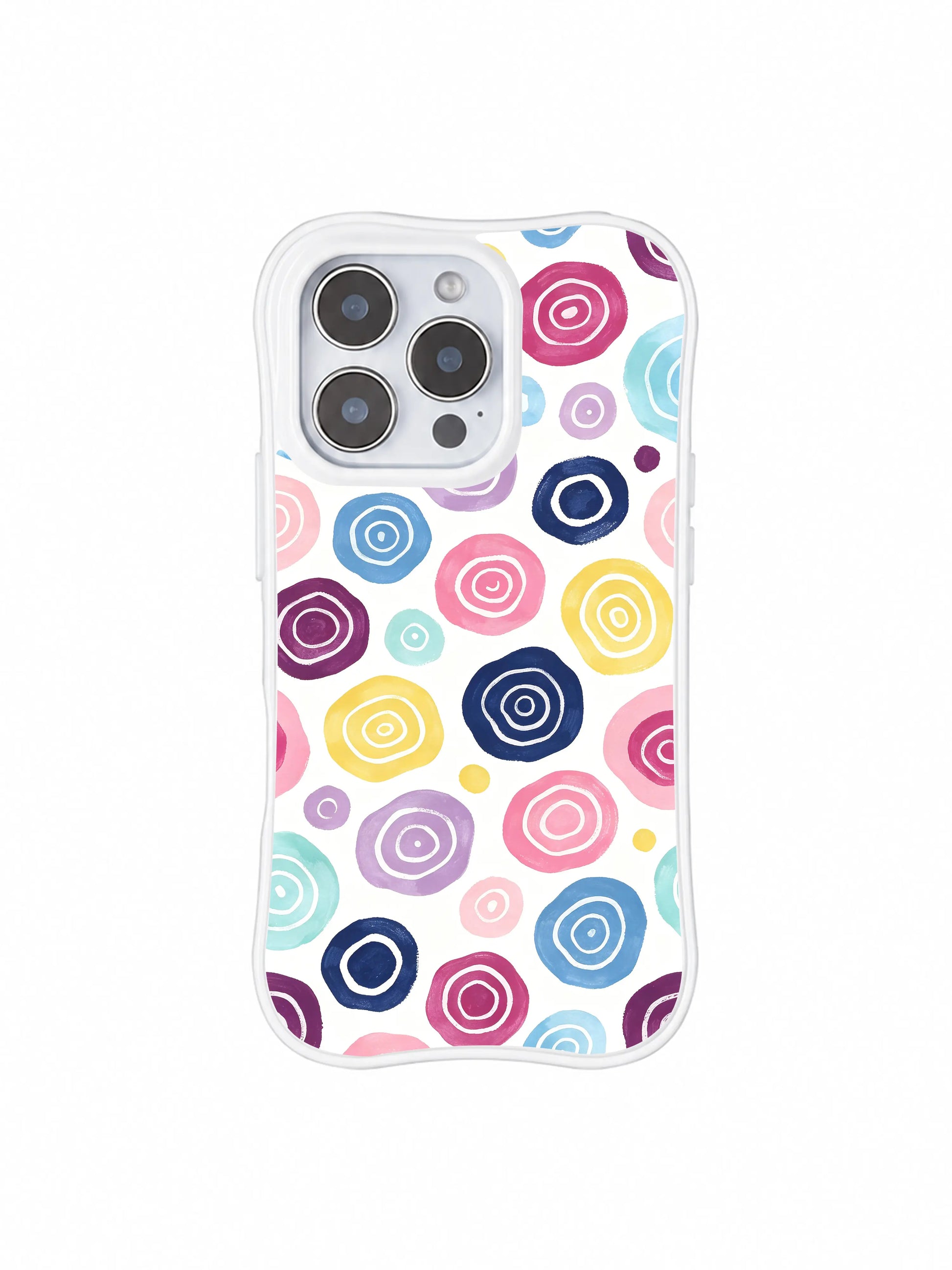 PhoneCasing iPhone 14 Pro Case minimalist white background solo mockup, Moon Berry Heart Leopard whimsical indie cottagecore graphic. Soft hand-blended watercolor heart rosettes, compact slim fit iPhone 14 Pro casing.
