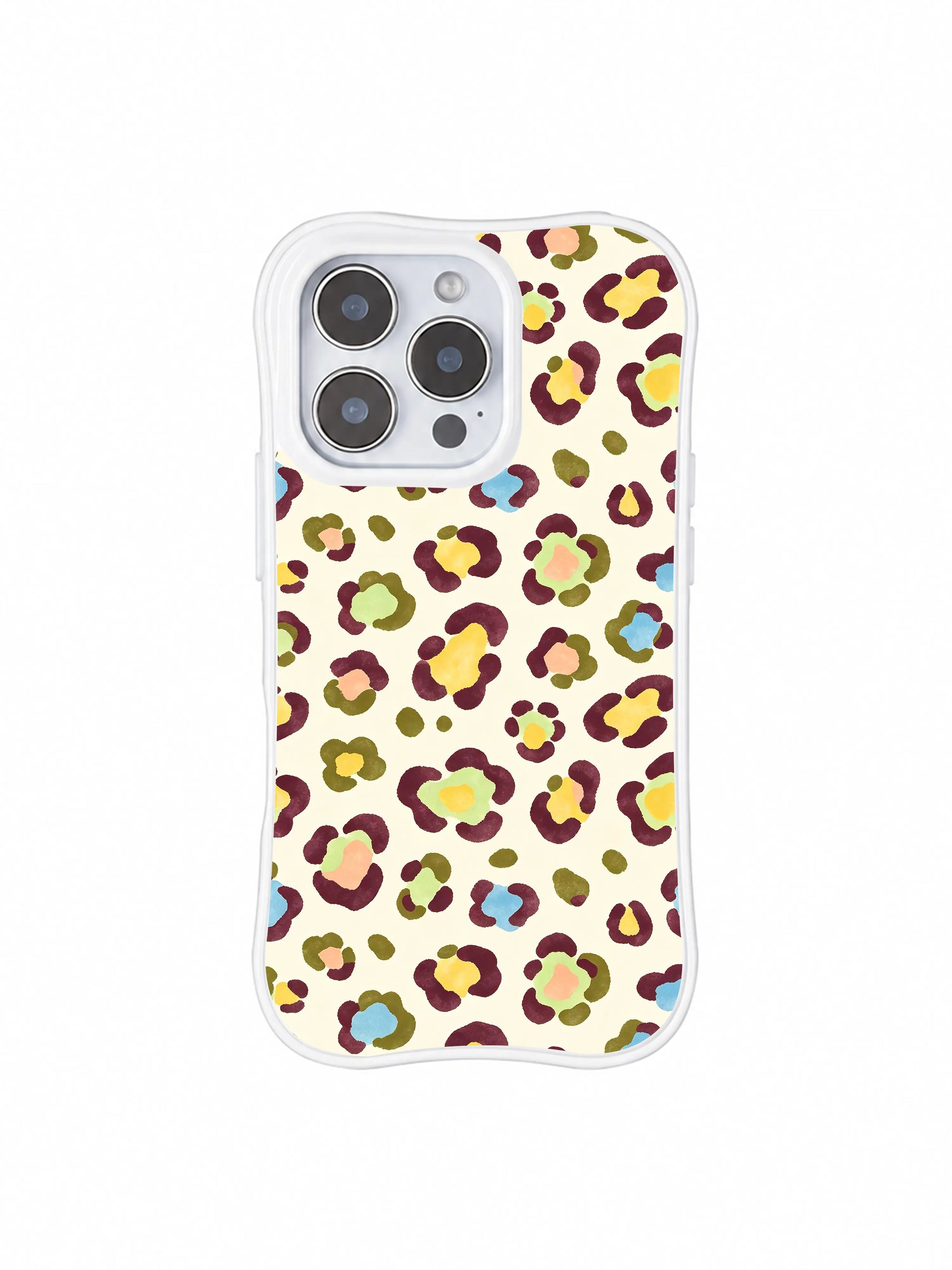 PhoneCasing iPhone 14 Pro Case limited artist collaboration Morning Bloom Leopard print. Playful softened leopard rosettes styled as tiny wild blooms, muted earthy pastel palette, quiet retro feminine collectible phone casing.