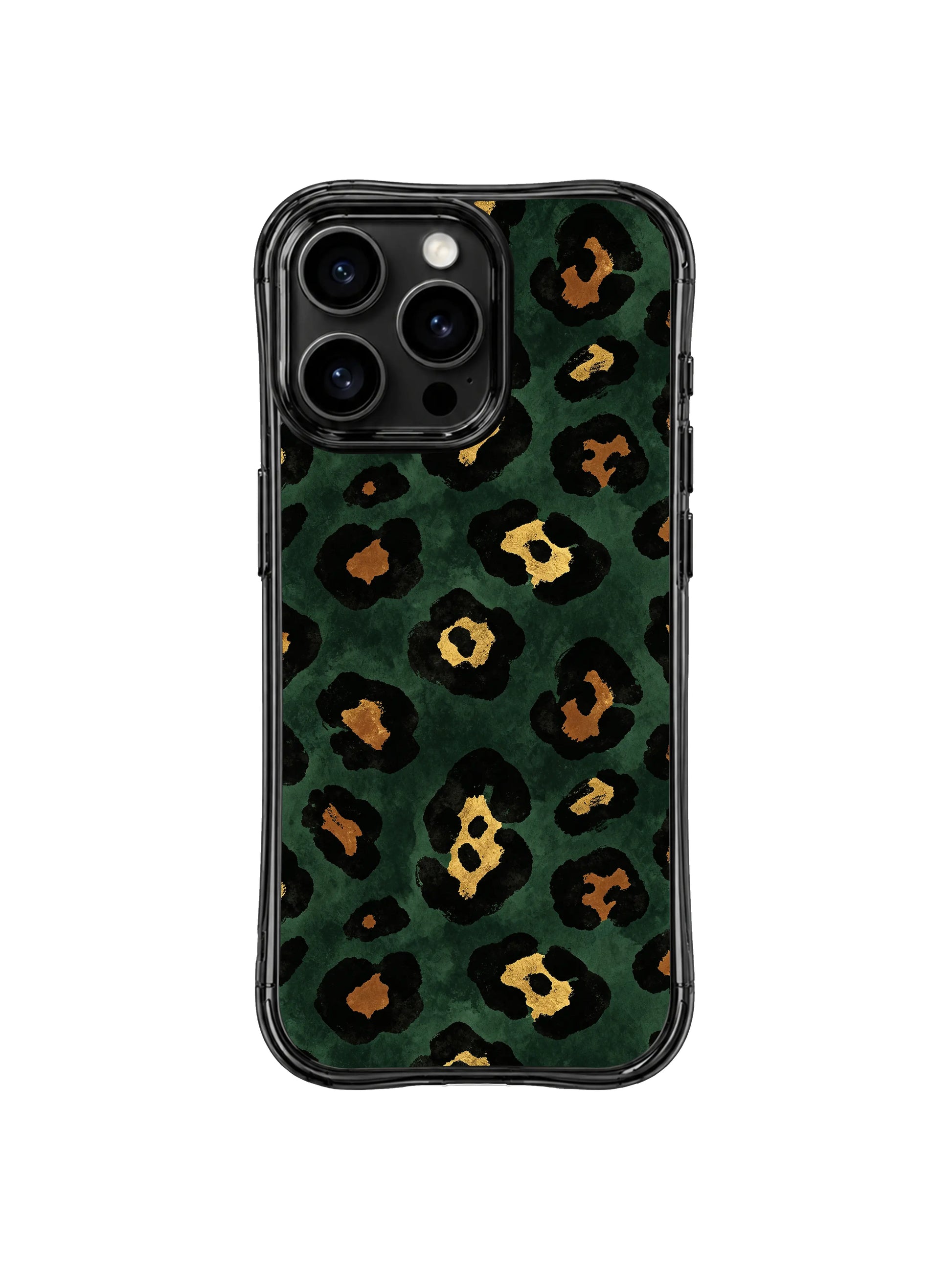 PhoneCasing iPhone 14 Pro Case limited artist collaboration Midnight Academia Leopard print. Understated wild leopard spots paired with muted bronze gold centers, dark vintage academic aesthetic, collectible fashion phone casing.