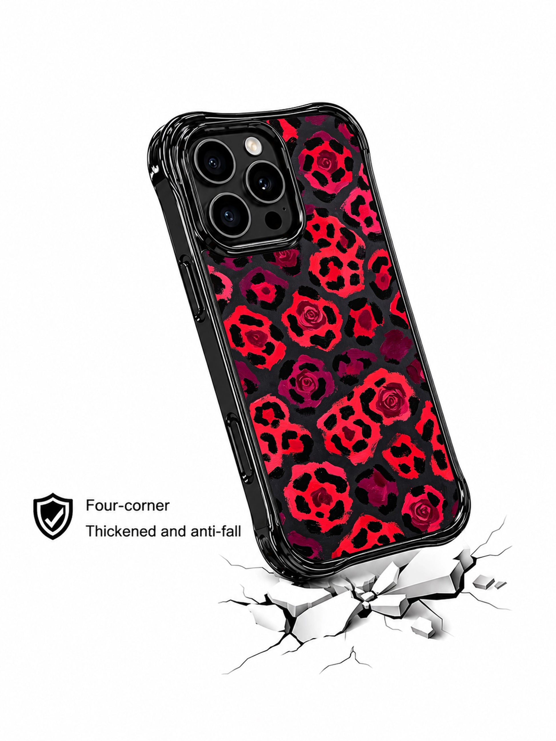 PhoneCasing iPhone 14 Pro Case dark minimalist studio flat lay of Cherry Midnight Leopard print. Rich deep black neutral backdrop, vivid heart-shaped leopard rosettes in cherry, magenta and wine hues, bold statement iPhone 14 Pro casing for evening wear.