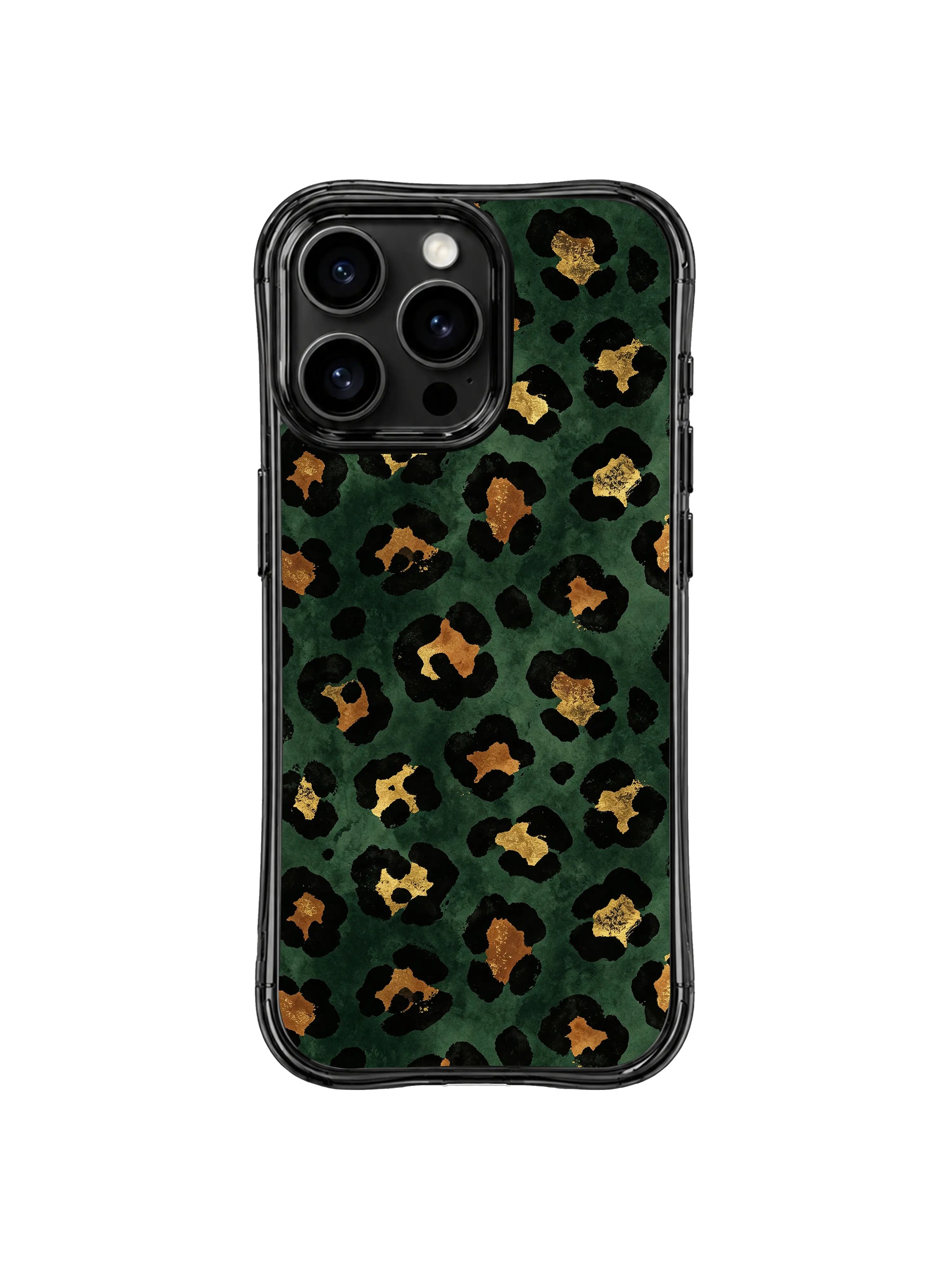 PhoneCasing iPhone 14 Pro Case outdoor lifestyle handheld shot, dark academia midnight green leopard spot pattern. Deep moody forest tones, subtle shimmer bronze gold rosette cores, intellectual vintage scholarly vibe matching casual bookish festival outfits.