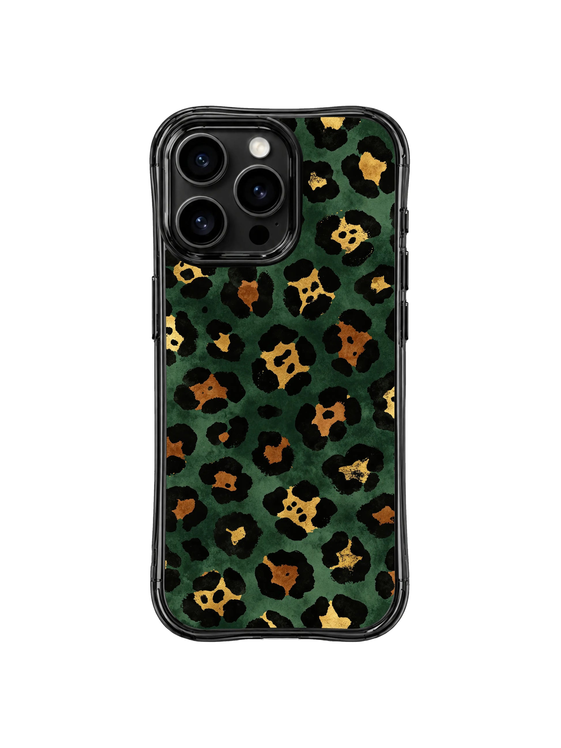 PhoneCasing iPhone 14 Pro Case standalone product render, midnight academia dark green leopard watercolor design exclusive to Roxy Wildhart Wild Heart Safari. Seamless moody forest green background, subtle metallic gold spot accents, lightweight protective wavy frame.
