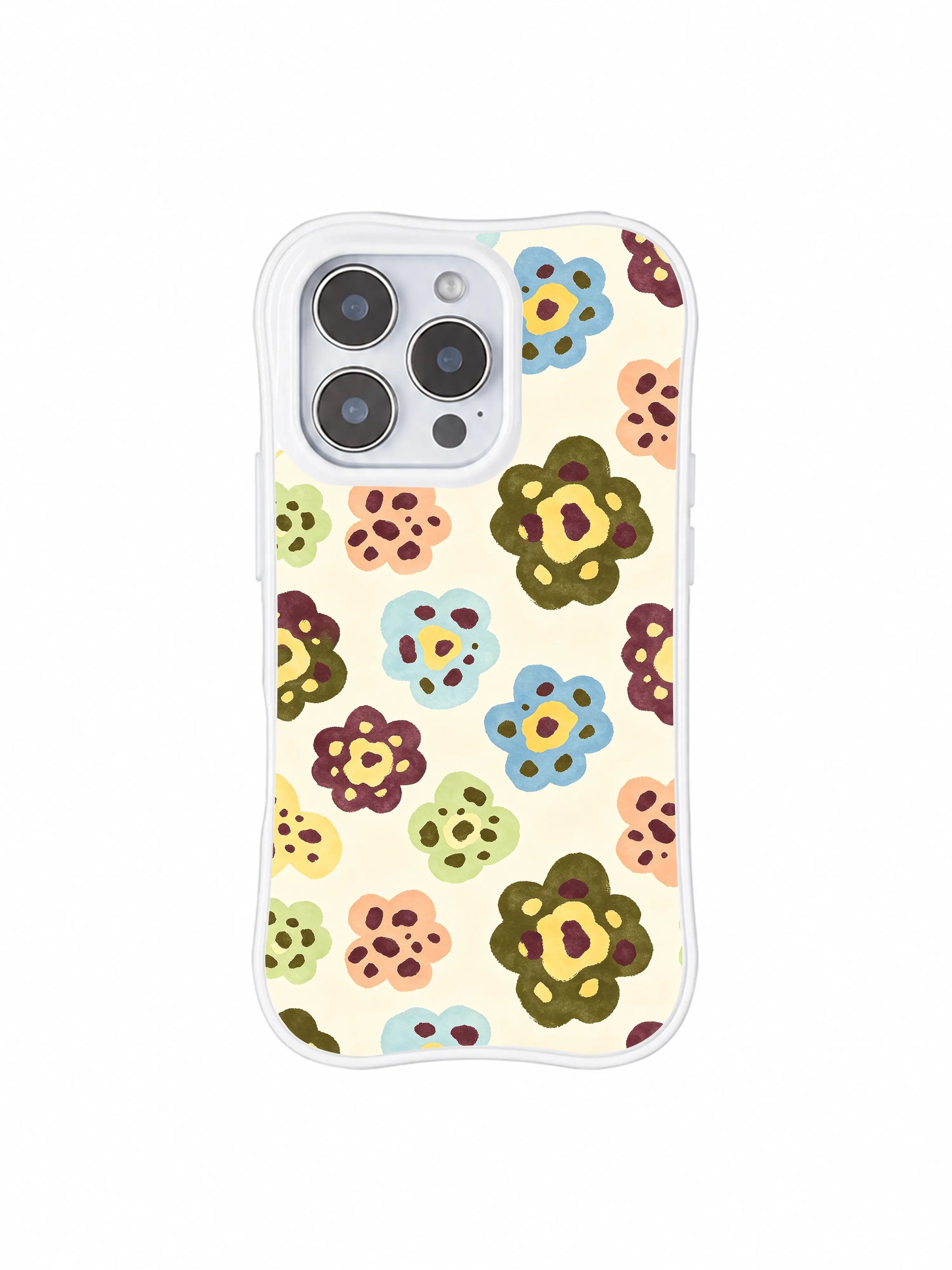 PhoneCasing iPhone 14 Pro Case standalone product render, soft cottagecore flower leopard watercolor design exclusive to Roxy Wildhart Wild Heart Safari. Seamless cream pale background, subtle muted multi-color floral accents, lightweight protective wavy frame.