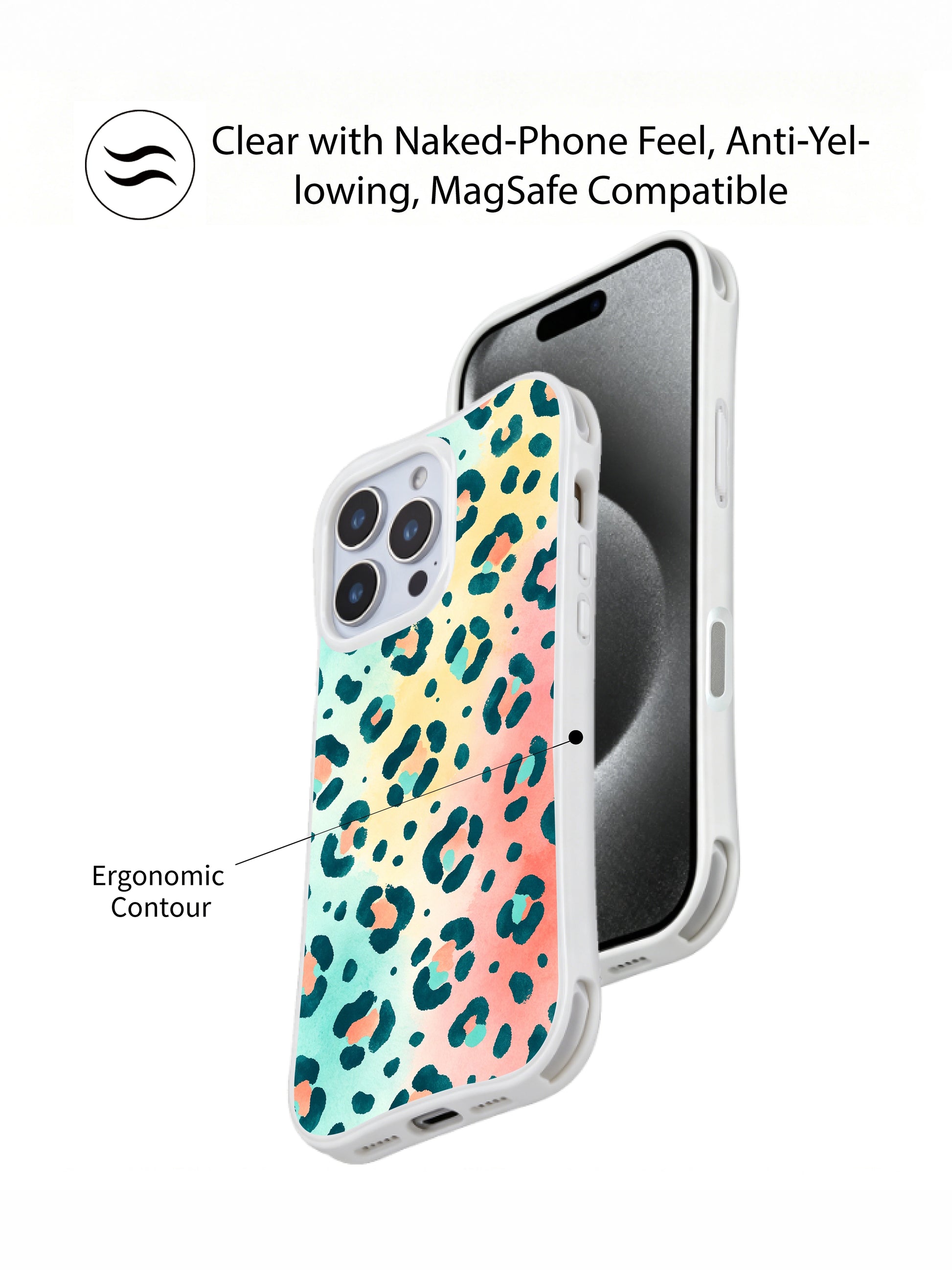 Macro texture shot of PhoneCasing iPhone 14 Pro Case Salt Shore Leopard design. Soft watercolor bleed gradient backdrop, rough painterly teal leopard spots, archival fade-resistant ink, summery tropical coastal art by Roxy Wildhart.