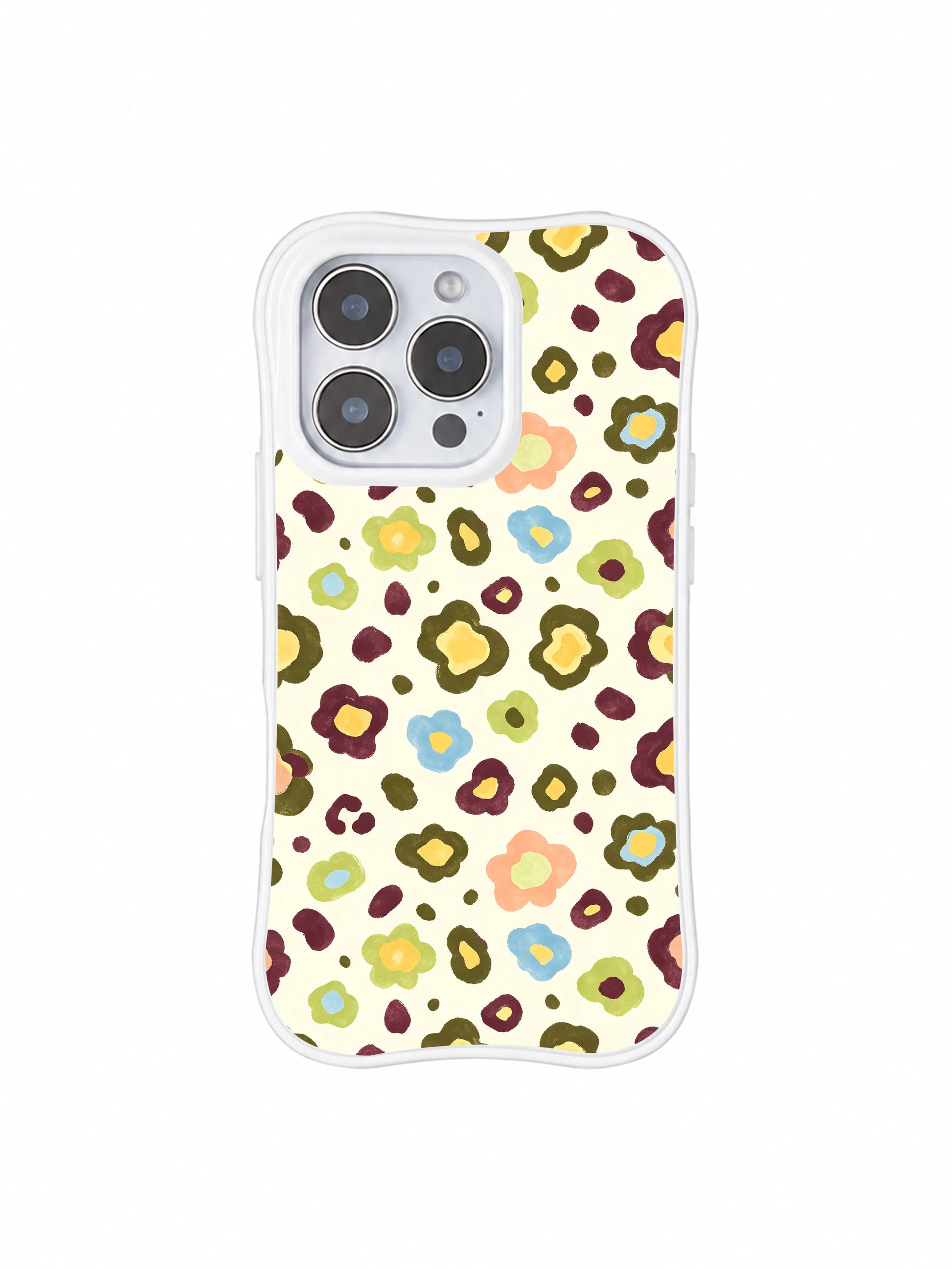 PhoneCasing iPhone 14 Pro Case, Morning Bloom Leopard hand-painted floral spot print by Roxy Wildhart. Cream off-white base, muted retro multicolor flower leopard rosettes, white wavy shockproof bumper, soft cottagecore vintage daily wear aesthetic.