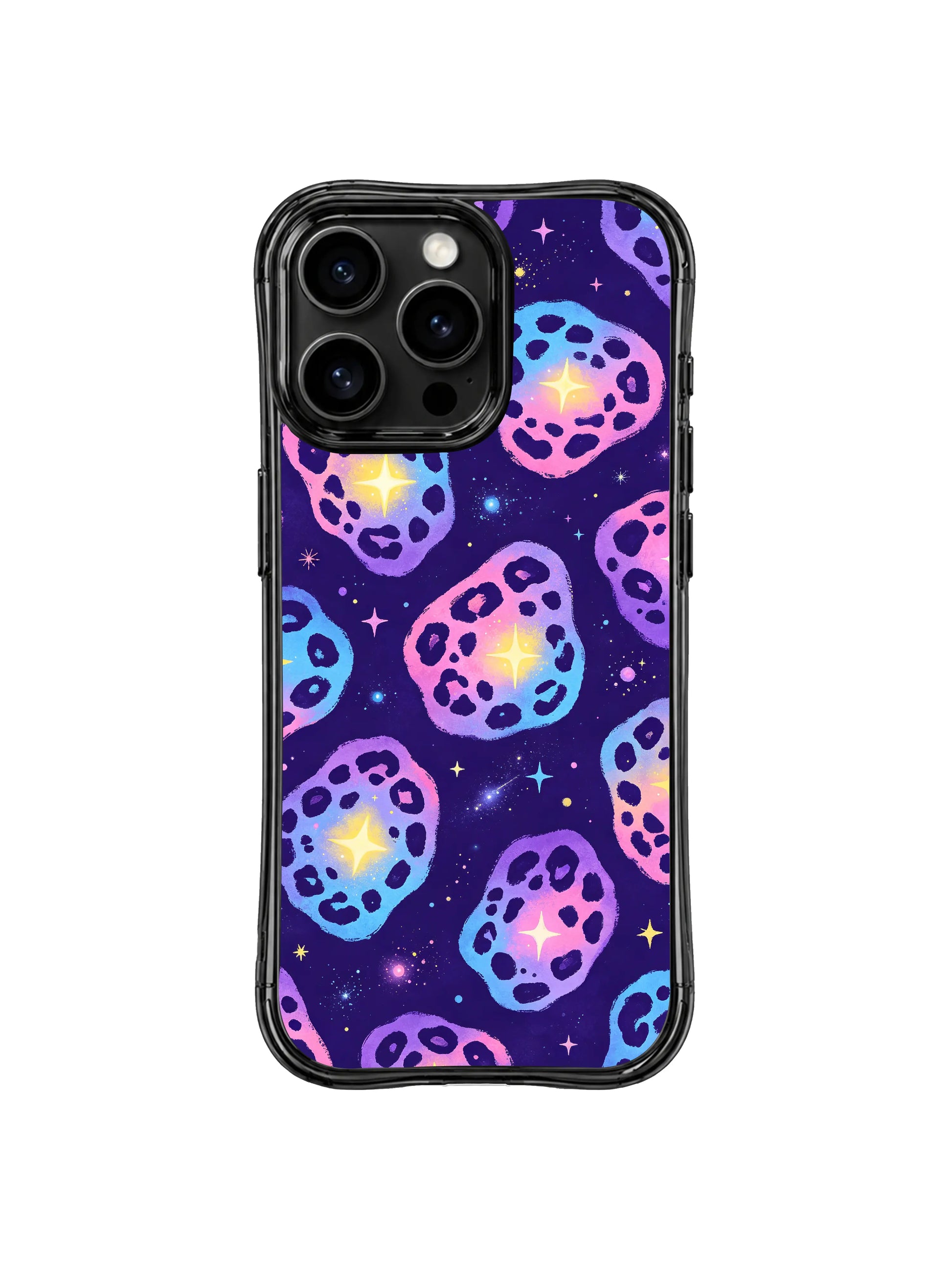 PhoneCasing iPhone 14 Pro Case gift-ready product shot of limited Galaxy Leopard celestial artist print. Balanced dark night calm and luminous glowing star leopard charm, ideal space fantasy gift lightweight iPhone 14 Pro casing.