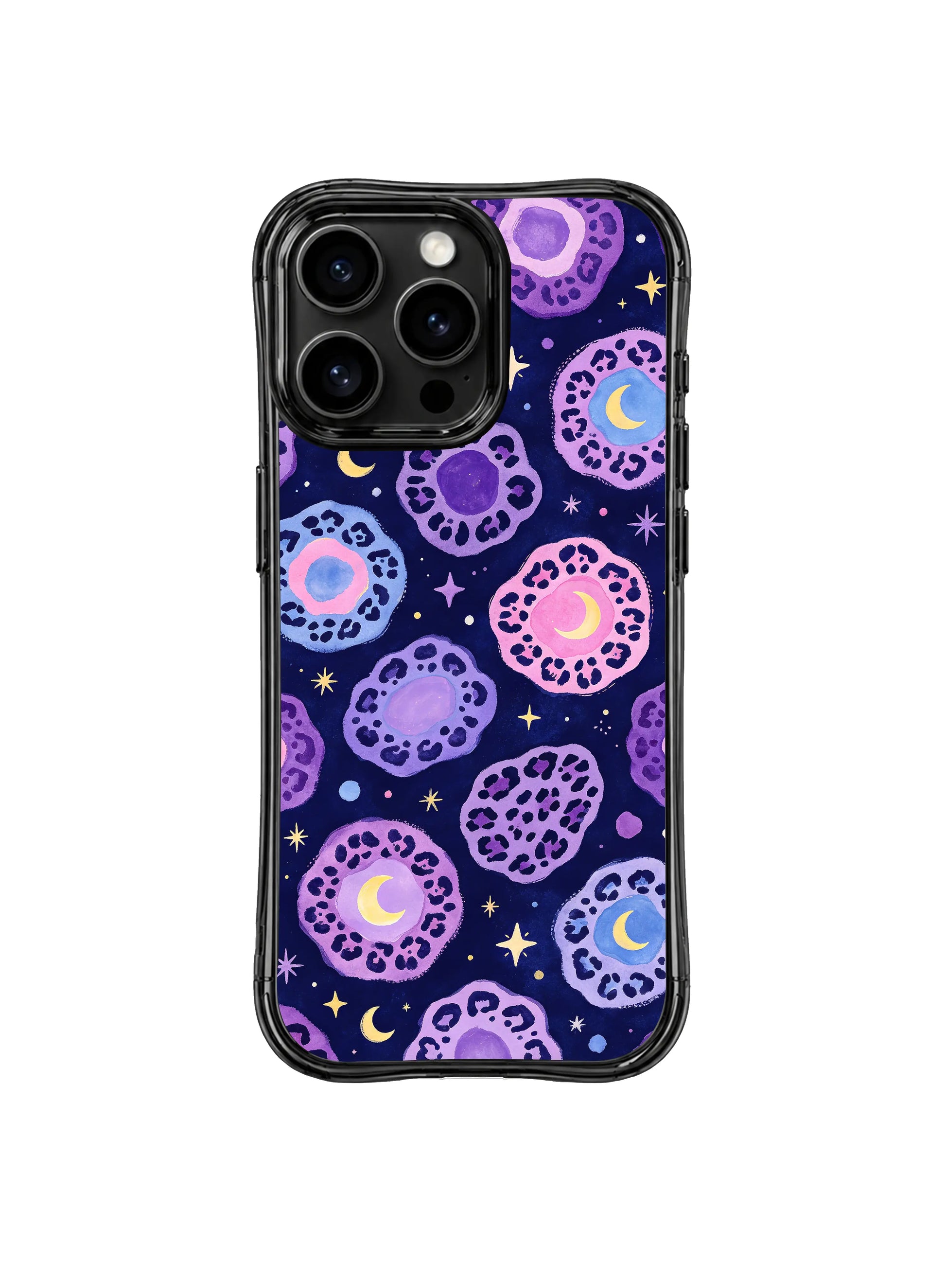Perfect mystical night gift PhoneCasing iPhone 14 Pro Case featuring Roxy Wildhart’s Moon Leopard Whisper. Dreamy celestial watercolor wild leopard print filled with tiny moons and multi-point stars, soft lavender-purple pastel tones, ideal for fans of galaxy, witchy and dreamscape statement accessories.