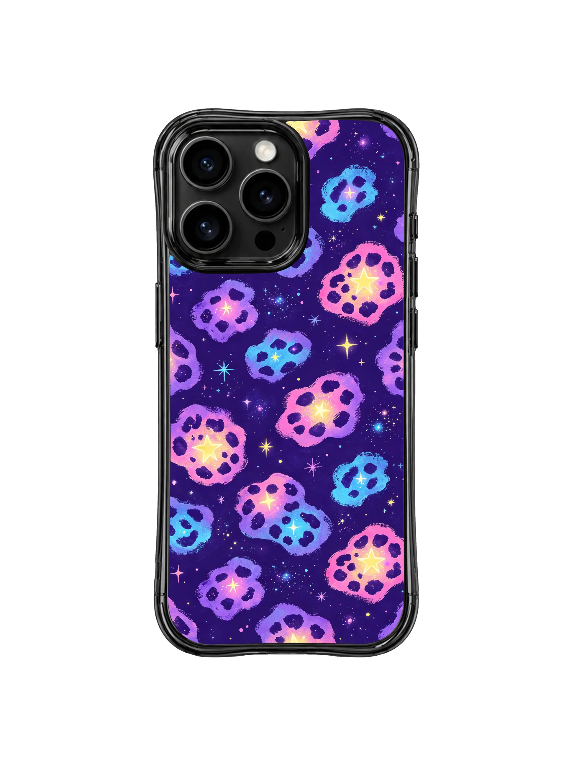 PhoneCasing iPhone 14 Pro Case nighttime outdoor lifestyle handheld shot for Galaxy Leopard casing. Dreamy gradient star nebula leopard print matching dark goth, cosmic fantasy and futuristic streetwear outfits, trendy ethereal iPhone 14 Pro protective casing.