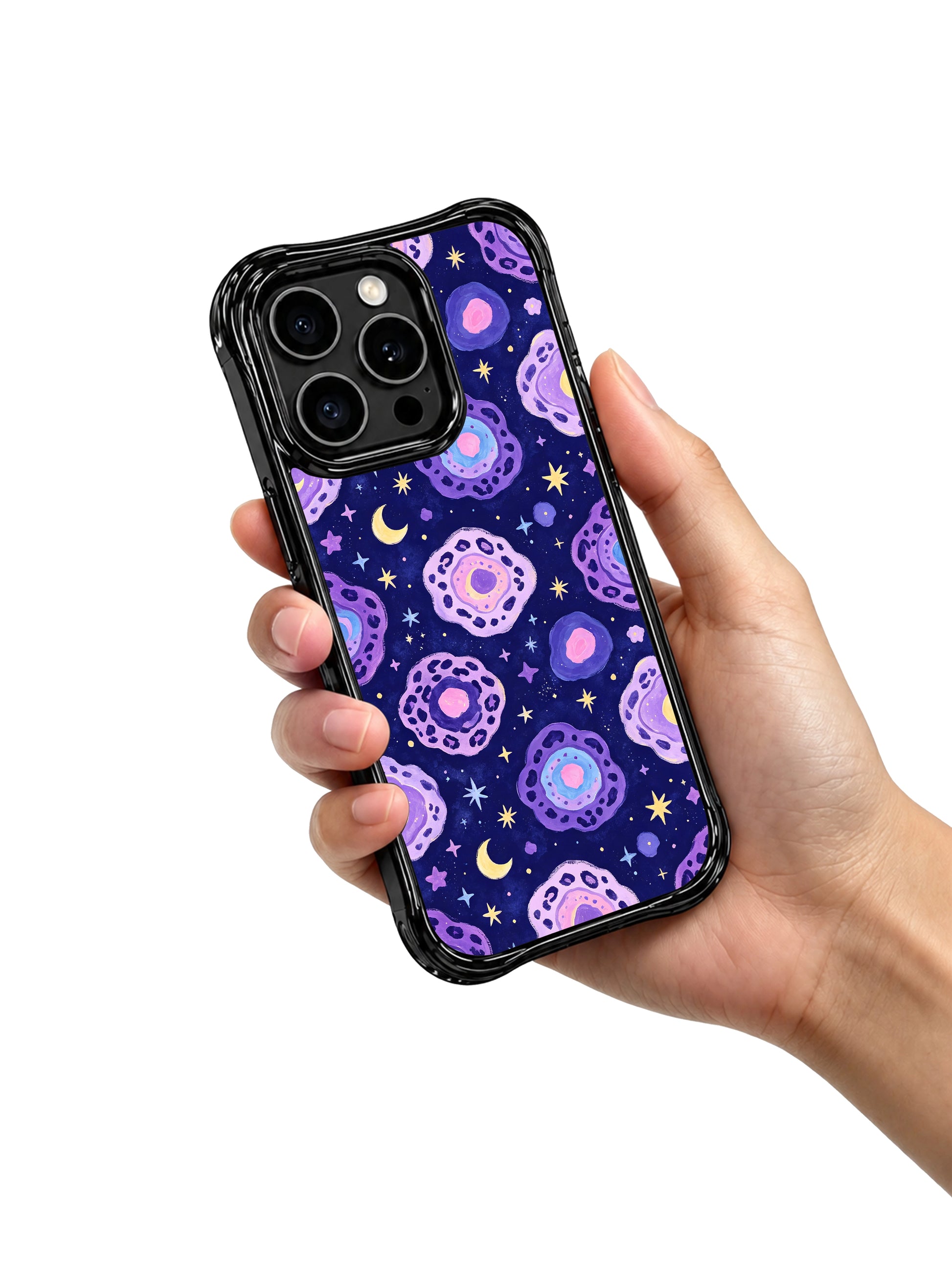 Dreamy celestial Moon Leopard Whisper PhoneCasing iPhone 14 Pro Case shot on plain white studio background. Loose blended watercolor night sky wash, organic hand-painted cosmic leopard rosettes mixed with crescent moon motifs, limited wearable art for dark fantasy street fashion.