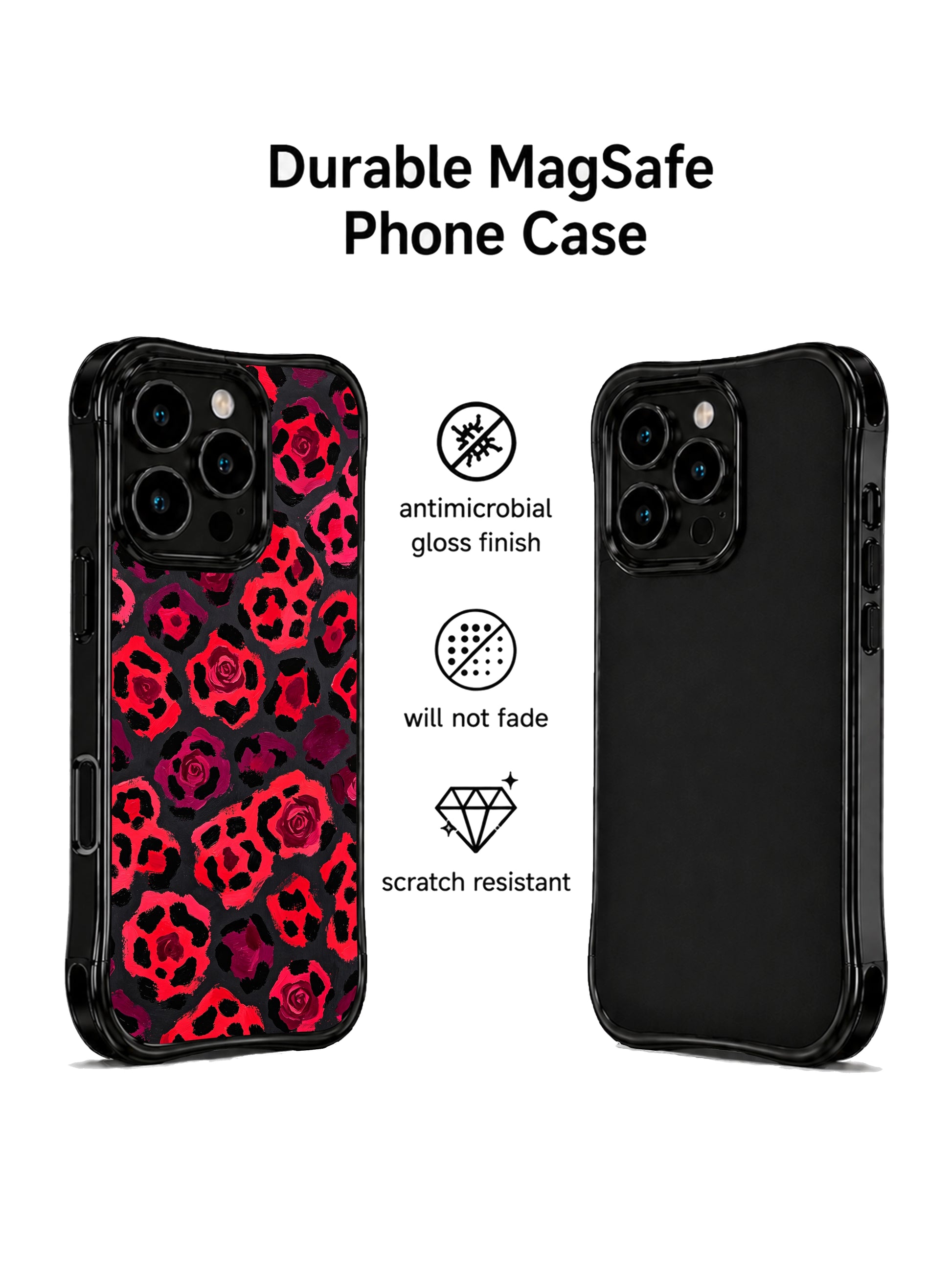 PhoneCasing iPhone 14 Pro Case macro texture close-up of Cherry Midnight Leopard print. Hand-painted heavy impasto oil brush strokes, layered cherry crimson and burgundy heart leopard markings, fade-resistant archival ink premium printed iPhone 14 Pro casing handmade in California.