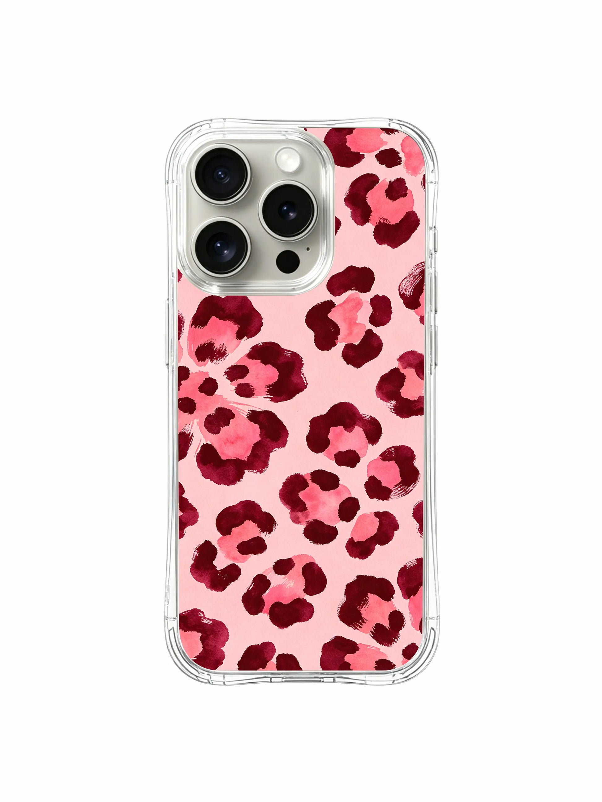 PhoneCasing iPhone 14 Pro Case soft minimalist studio flat lay of Burgundy Rose Leopard floral pattern. Warm pale blush neutral backdrop, repeated layered wine rose leopard spots, elegant date-night statement iPhone 14 Pro casing for everyday styling.