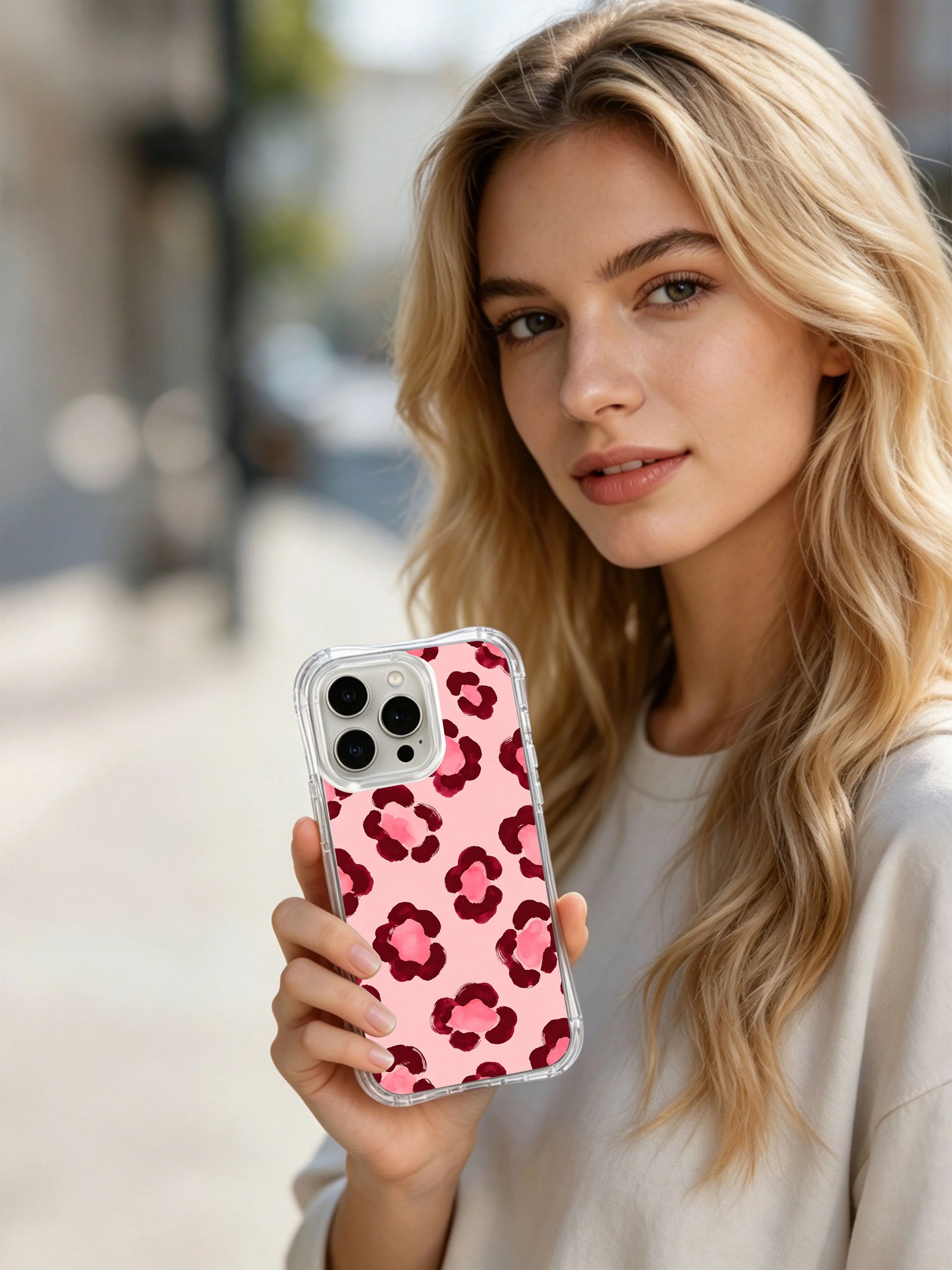 PhoneCasing iPhone 14 Pro Case macro soft watercolor wash brushstroke detail of Burgundy Rose Leopard floral print. Rich burgundy and blush layered bloom leopard edges against pale pink elegant base, sophisticated evening stylish iPhone 14 Pro casing.