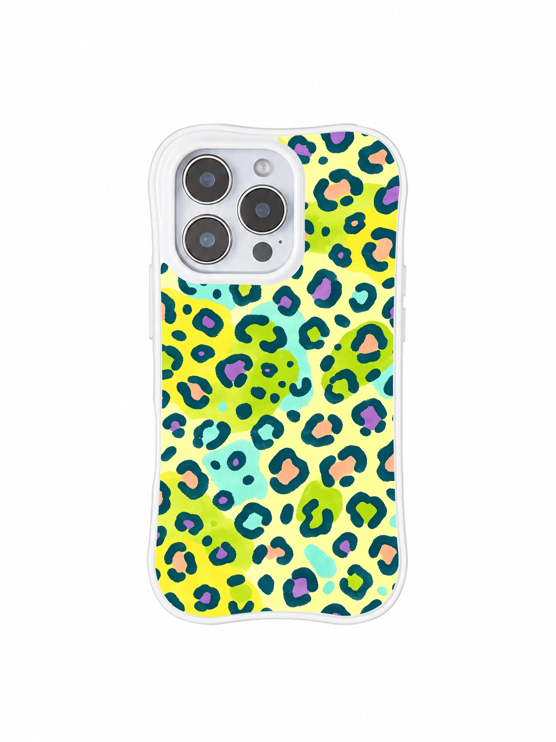 PhoneCasing iPhone 14 Pro Case bright minimalist studio flat lay of Lemon Soda Leopard citrus pattern. Warm pale cream neutral backdrop, repeated lime mint peach leopard spots, refreshing summer statement iPhone 14 Pro casing for casual everyday styling.