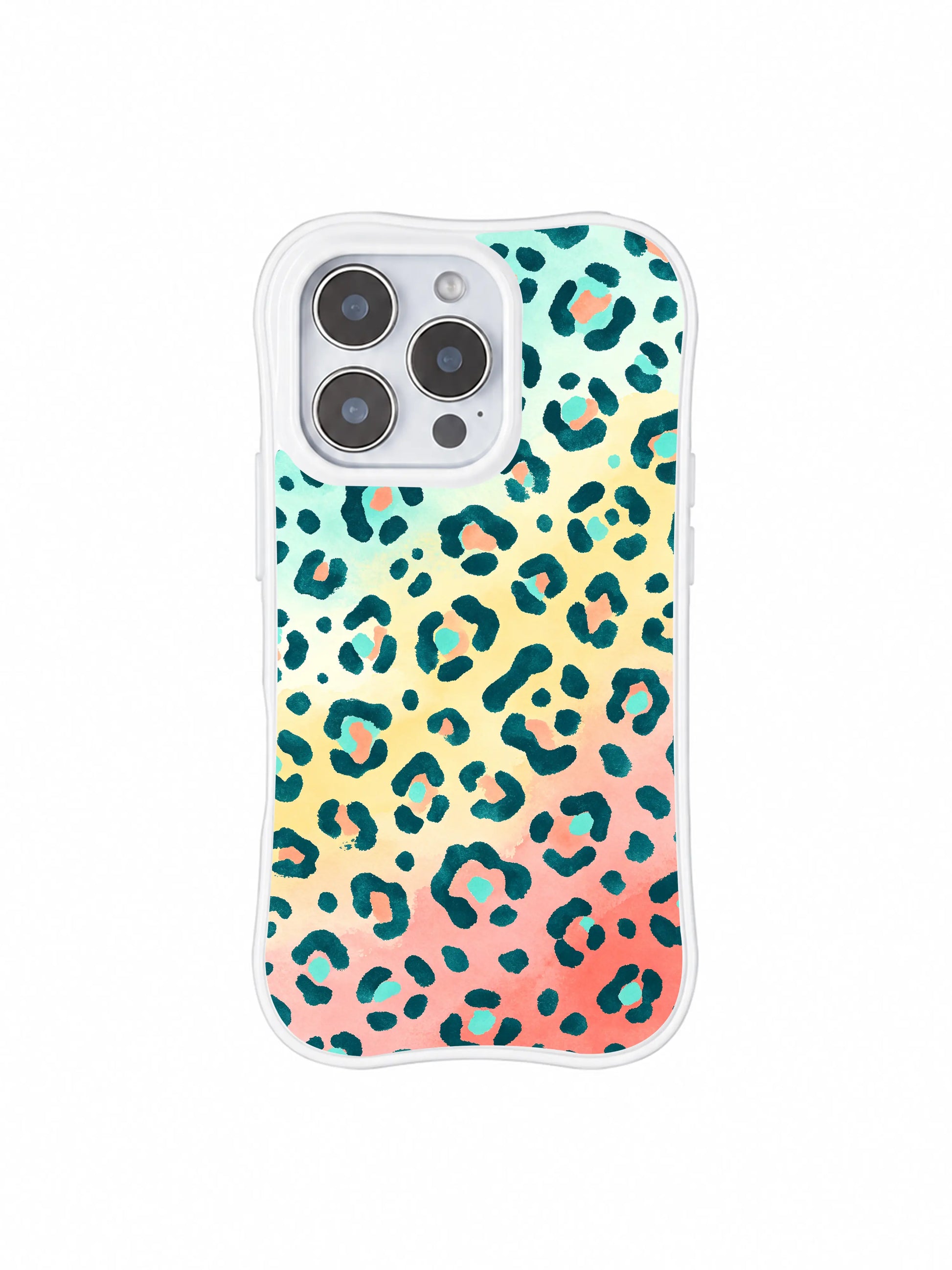 Pastel tropical gradient wild leopard print PhoneCasing iPhone 14 Pro Case from the Wild Heart Safari designer collection. Airy negative space blended mint and coral wash, loose brushstroke teal spots, lightweight fashion protective cover.